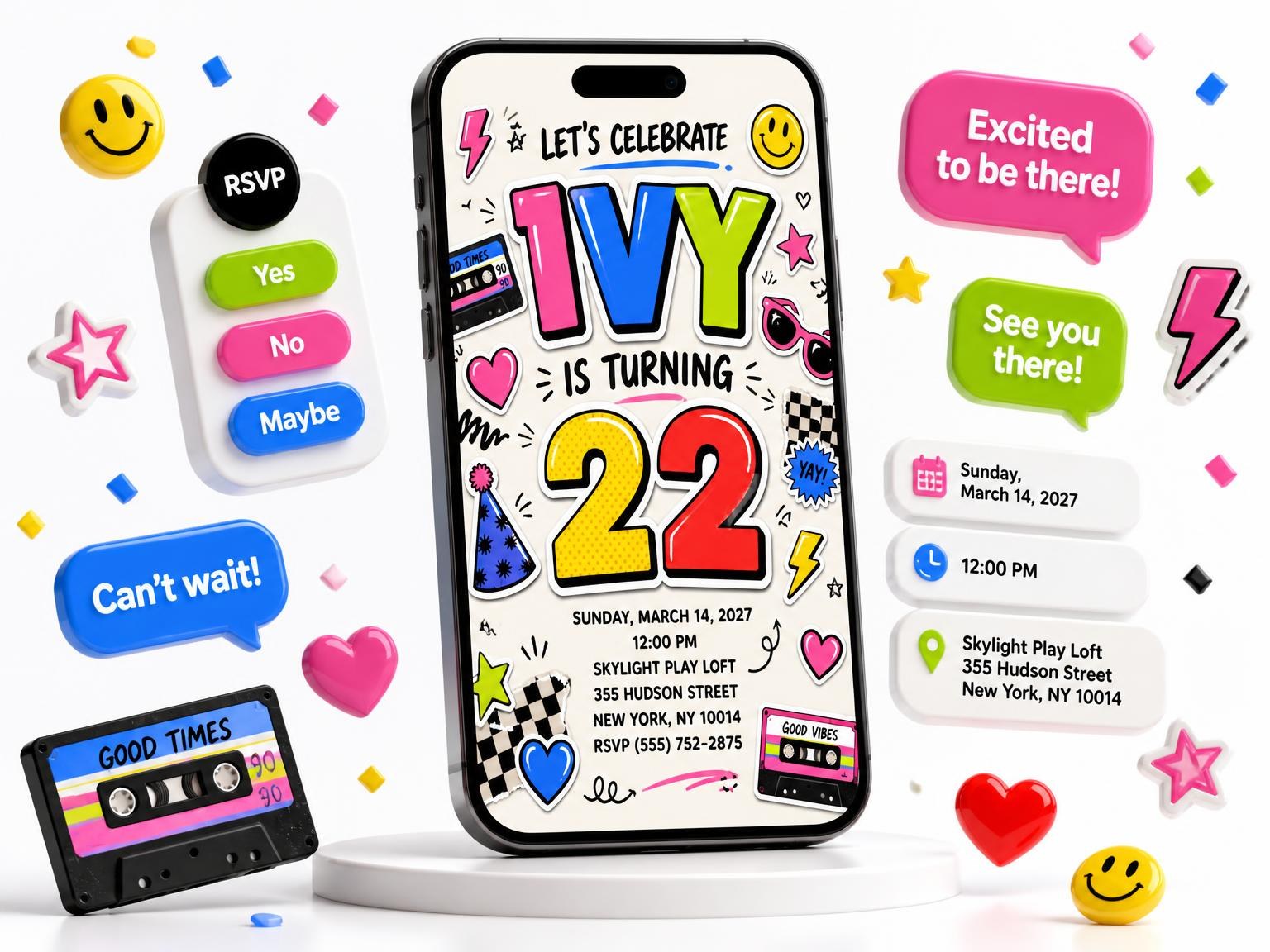 The Sticker Pop 22nd Birthday Invitation invitation on a phone, with guest RSVPs arriving around it
