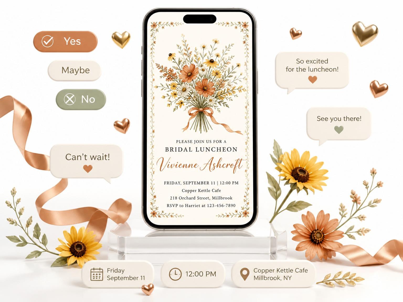 The Autumnal Watercolor Wildflower Bridal Luncheon invitation on a phone, with guest RSVPs arriving around it