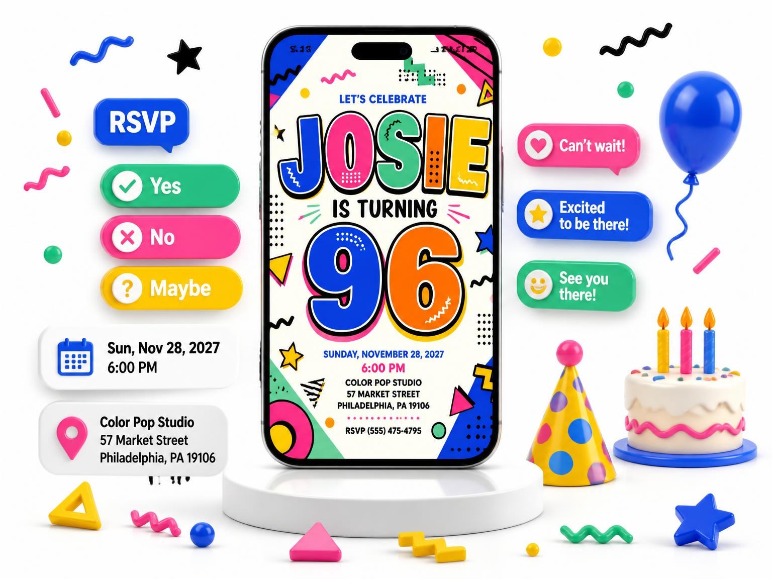 The Memphis Pop 96th Birthday Invitation invitation on a phone, with guest RSVPs arriving around it