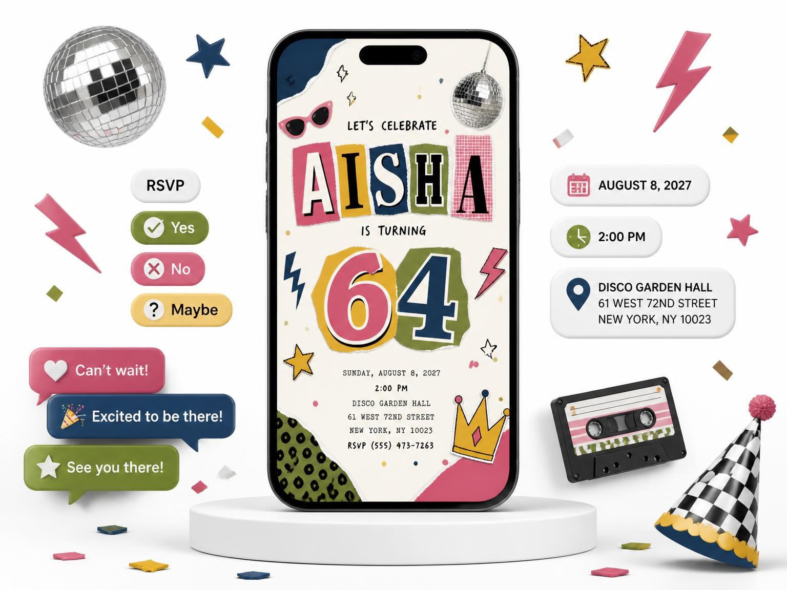 The Retro Paper Collage 64th Birthday Invitation invitation on a phone, with guest RSVPs arriving around it