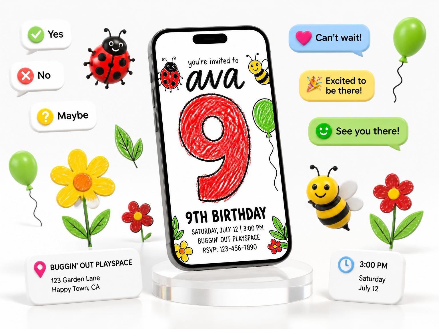 The Crayon Bug Theme 9th Birthday Invitation invitation on a phone, with guest RSVPs arriving around it