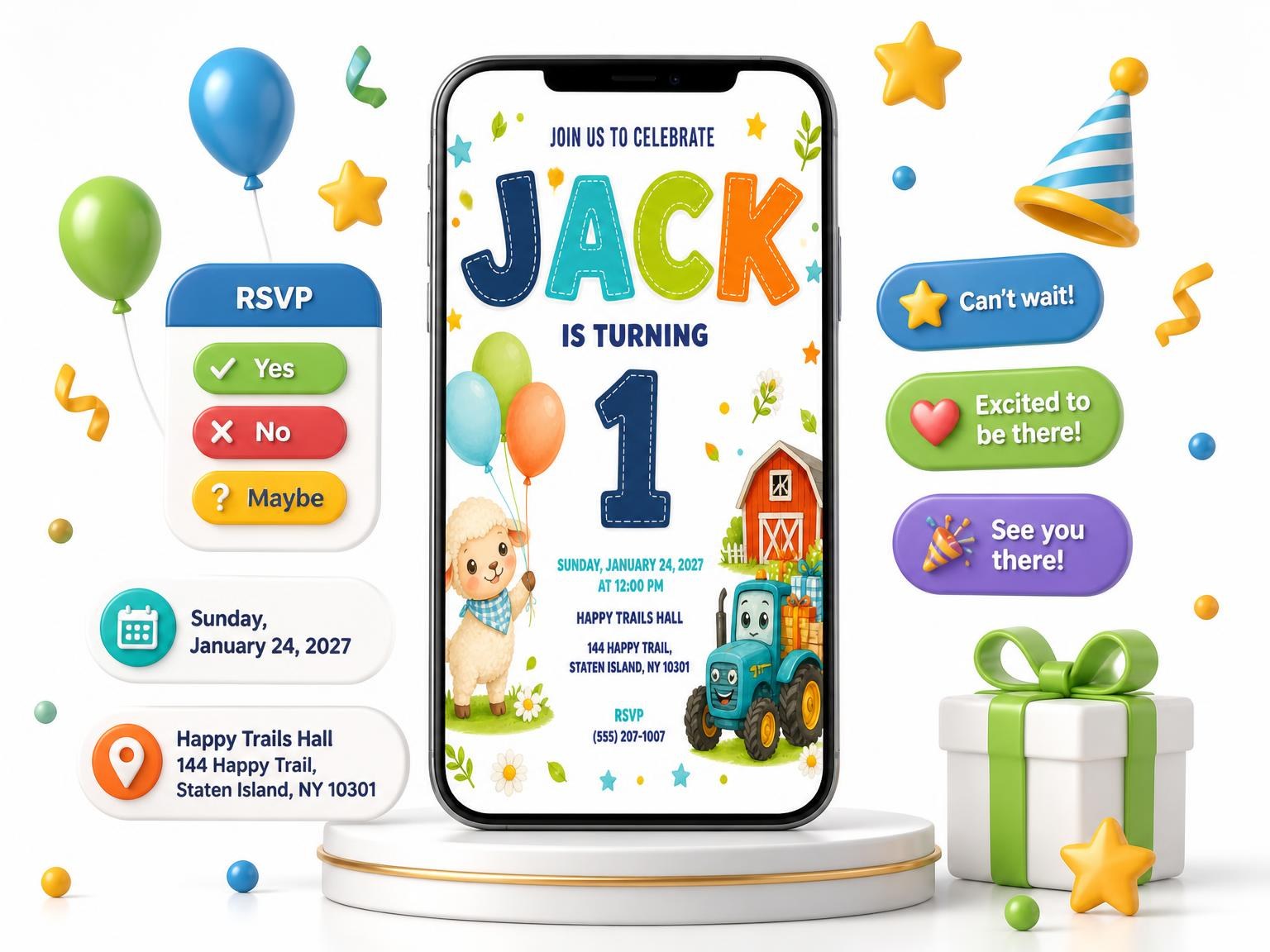 The Tractor Stitched 1st Birthday Invitation invitation on a phone, with guest RSVPs arriving around it