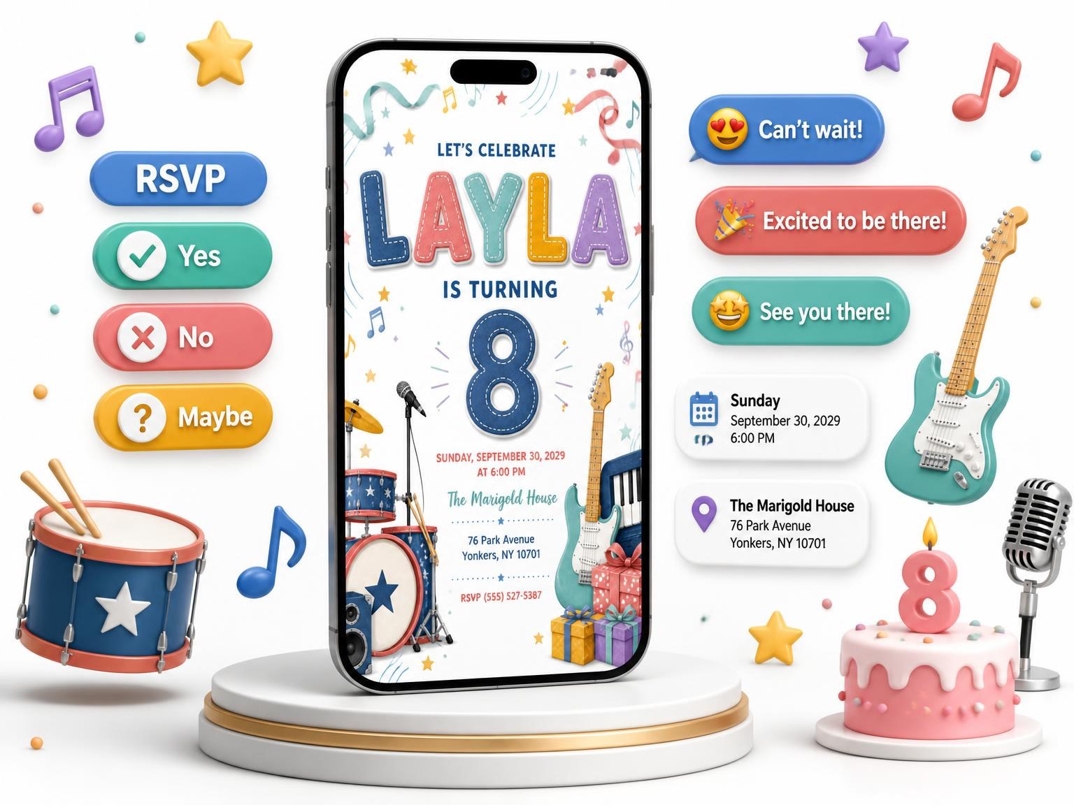 The Music 8th Birthday Invitation invitation on a phone, with guest RSVPs arriving around it