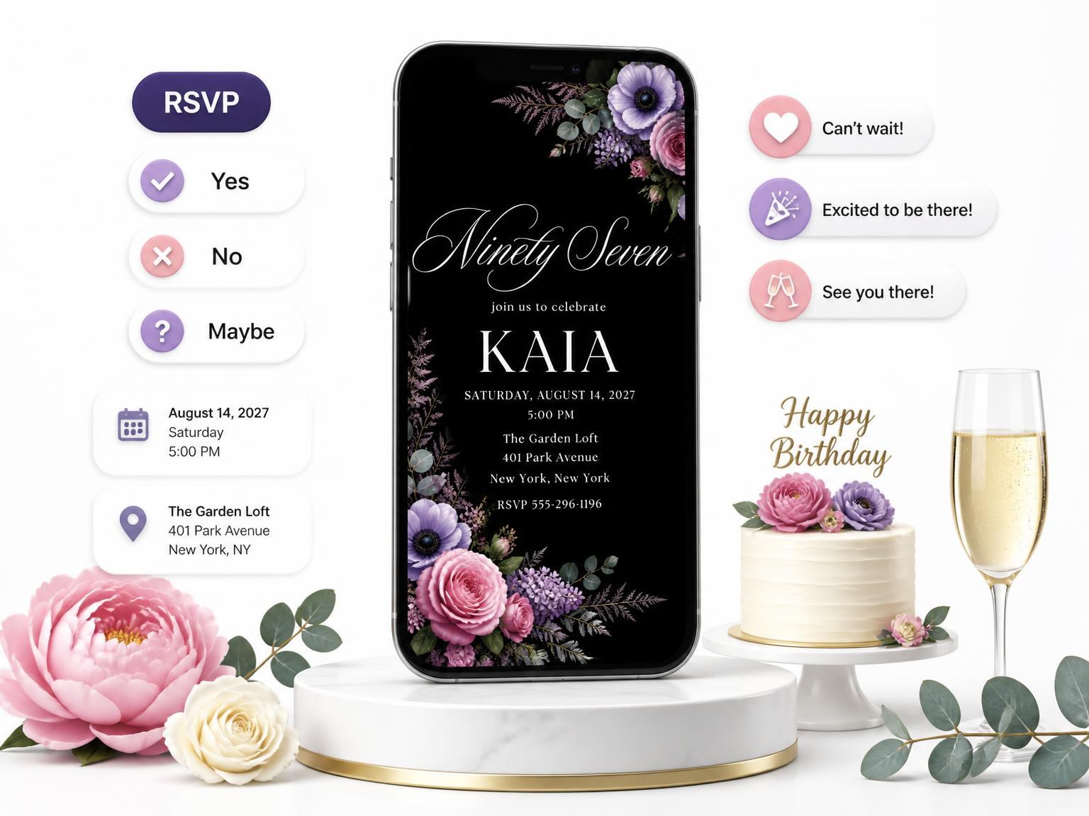 The Black Floral 97th Birthday Invitation invitation on a phone, with guest RSVPs arriving around it