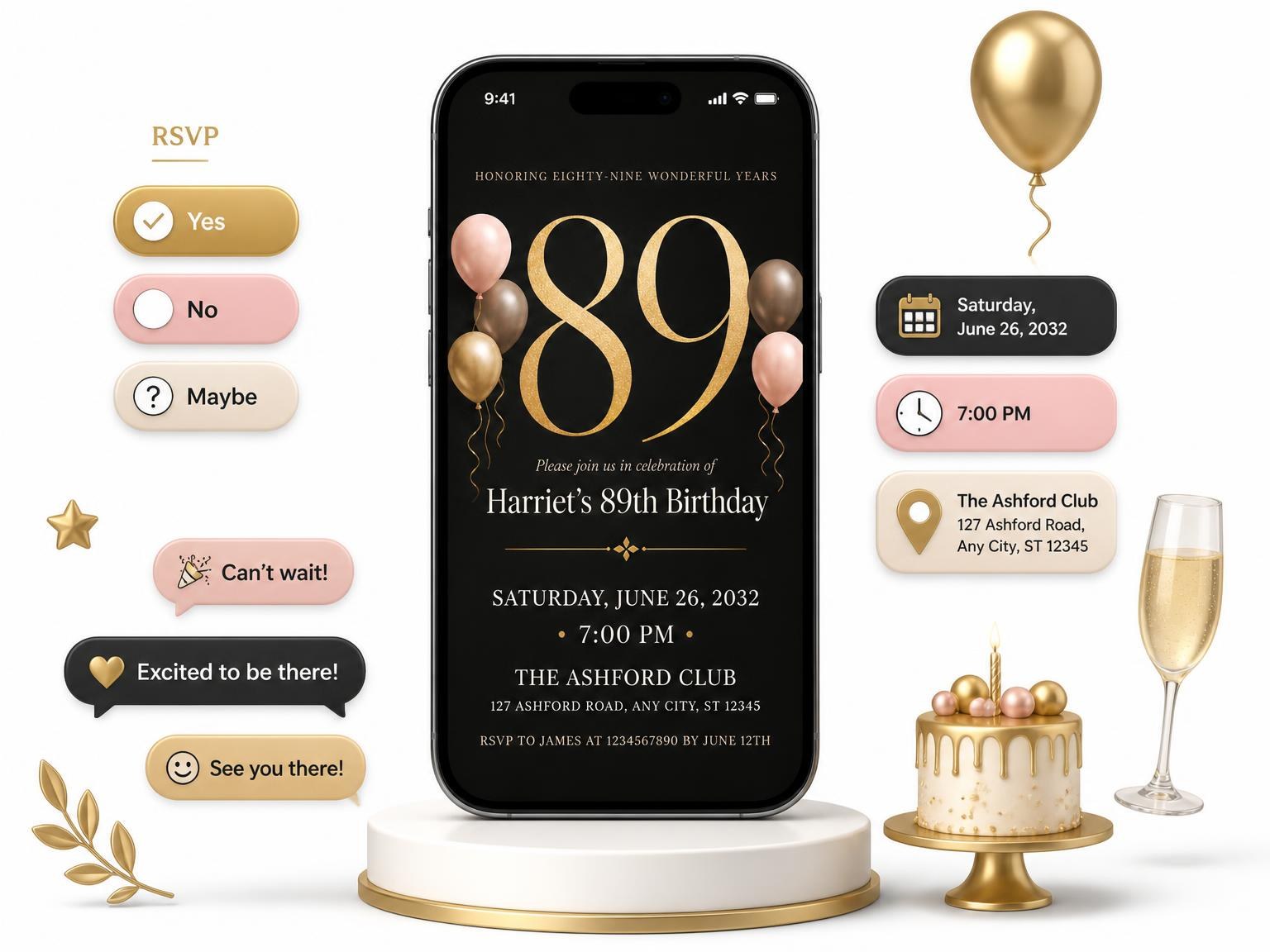 The Charcoal and Blush 89th Birthday Invitation invitation on a phone, with guest RSVPs arriving around it
