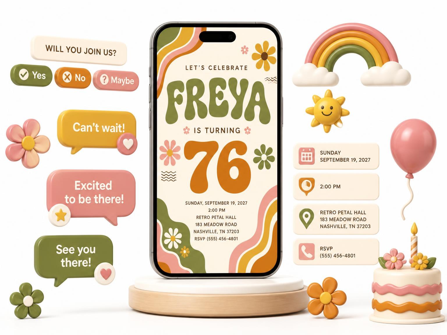 The Groovy Retro 76th Birthday Invitation invitation on a phone, with guest RSVPs arriving around it