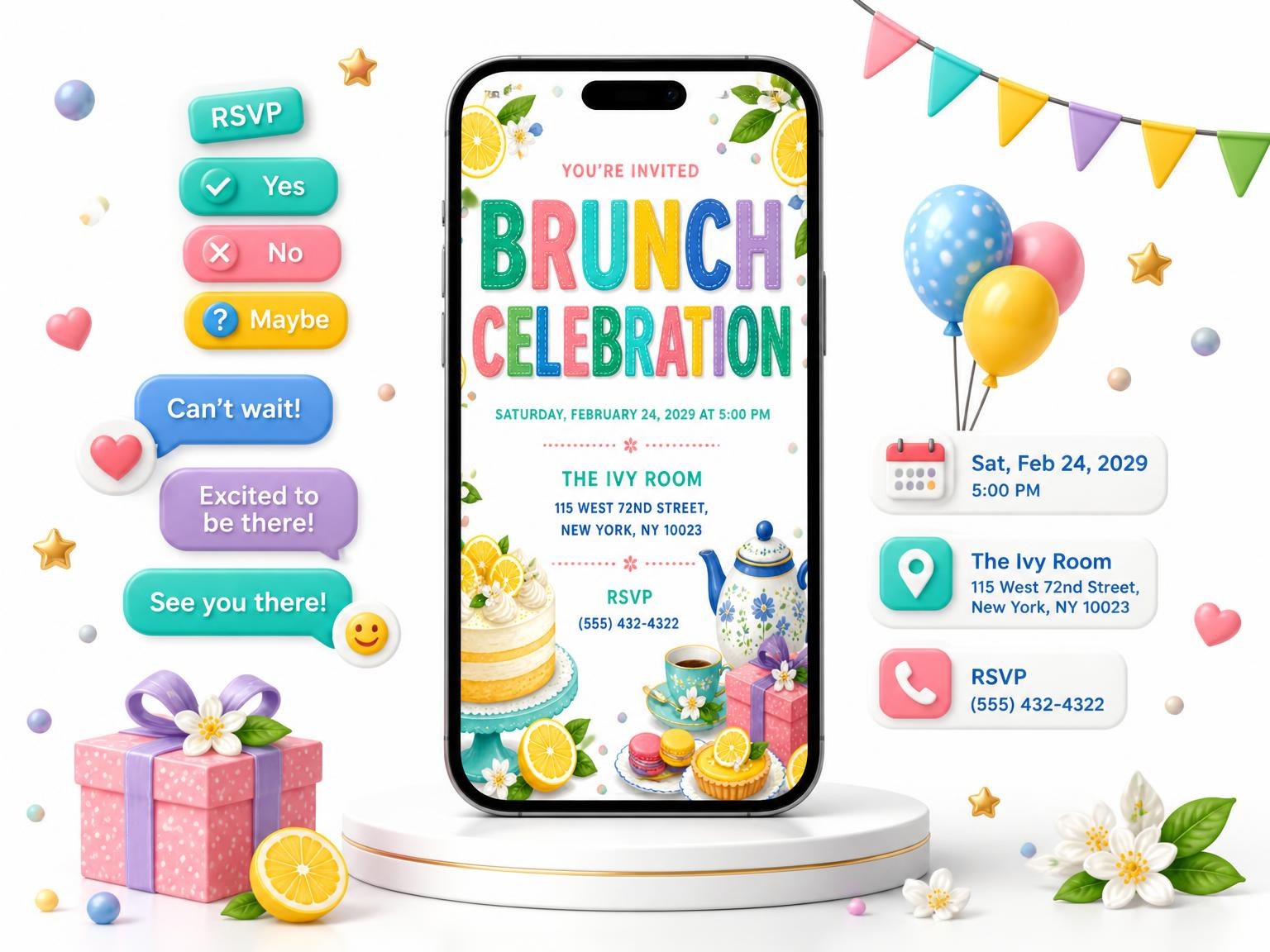 The Lemon Leaf Brunch Celebration Invitation invitation on a phone, with guest RSVPs arriving around it