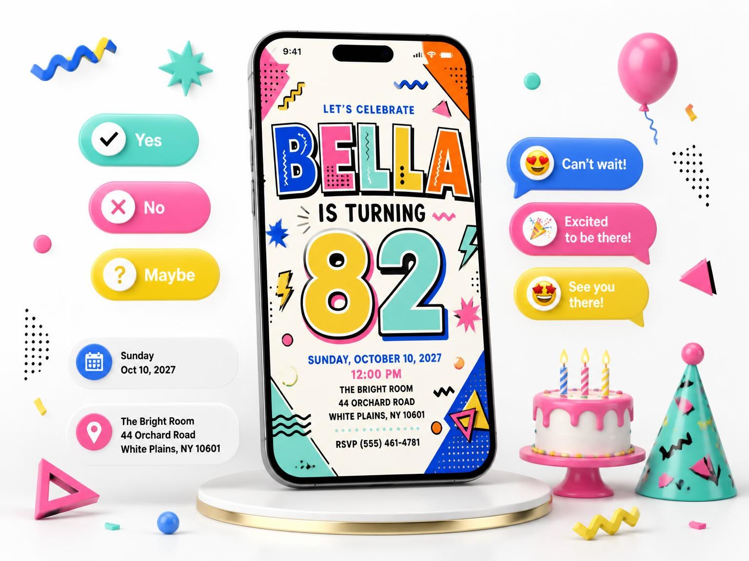 The Memphis Pop 82nd Birthday Invitation invitation on a phone, with guest RSVPs arriving around it