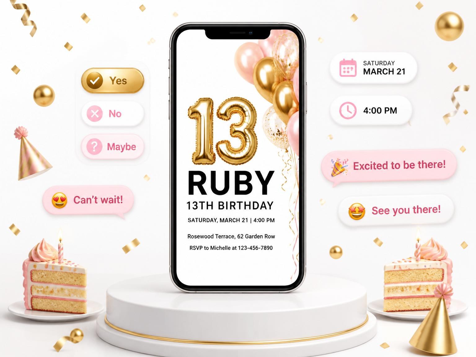 The Gold Pink Balloon 13th Birthday invitation on a phone, with guest RSVPs arriving around it