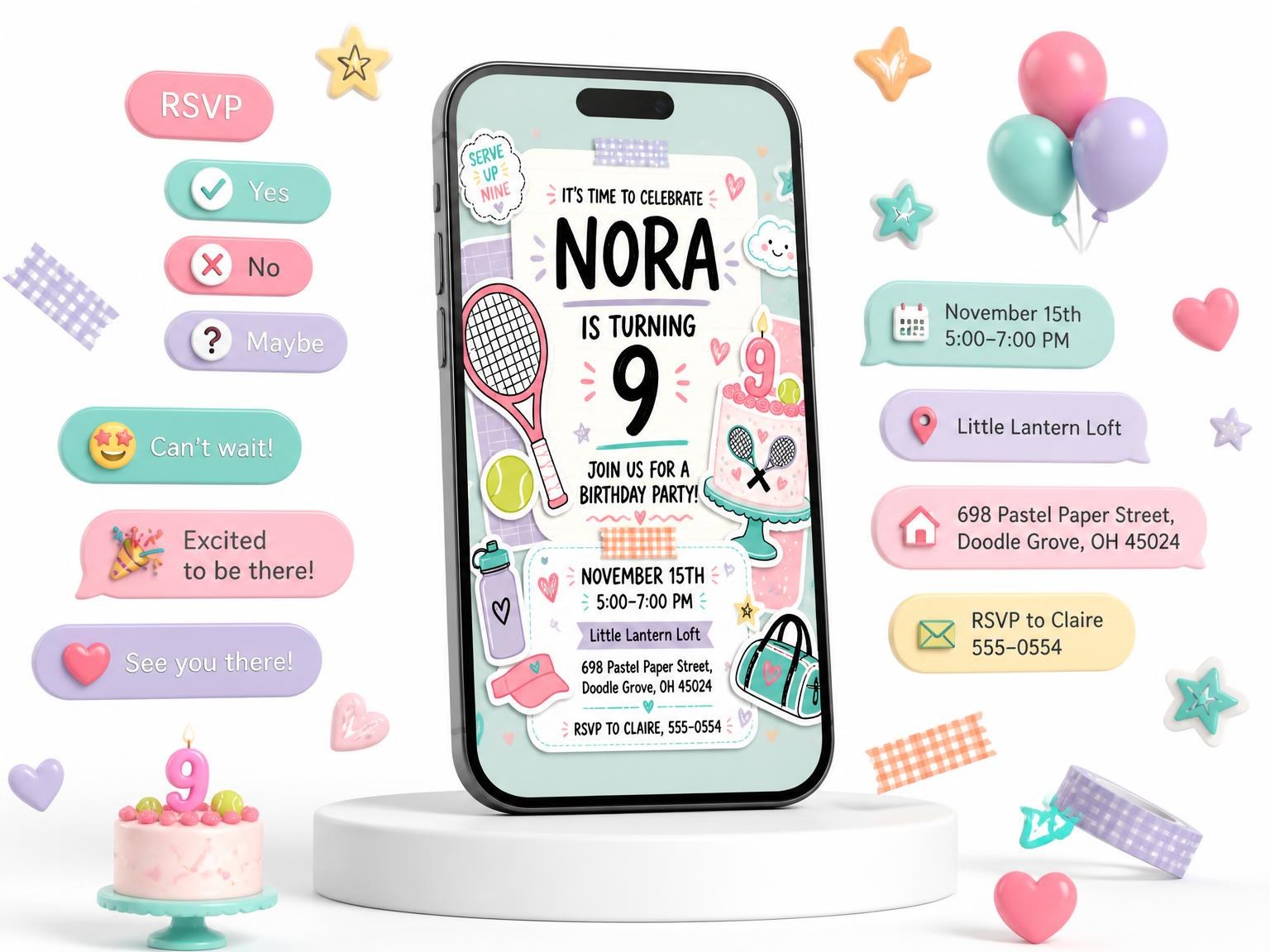 The Tennis Racket Pastel 9th Birthday Invitation invitation on a phone, with guest RSVPs arriving around it