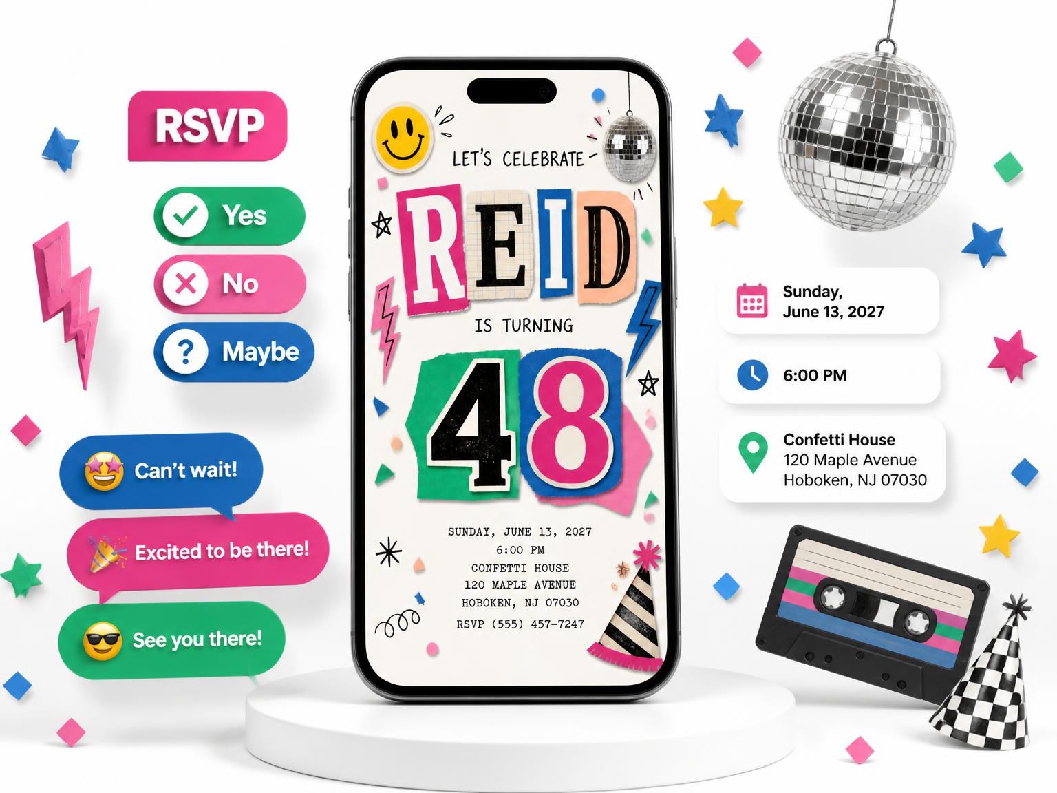 The Retro Paper Collage 48th Birthday Invitation invitation on a phone, with guest RSVPs arriving around it