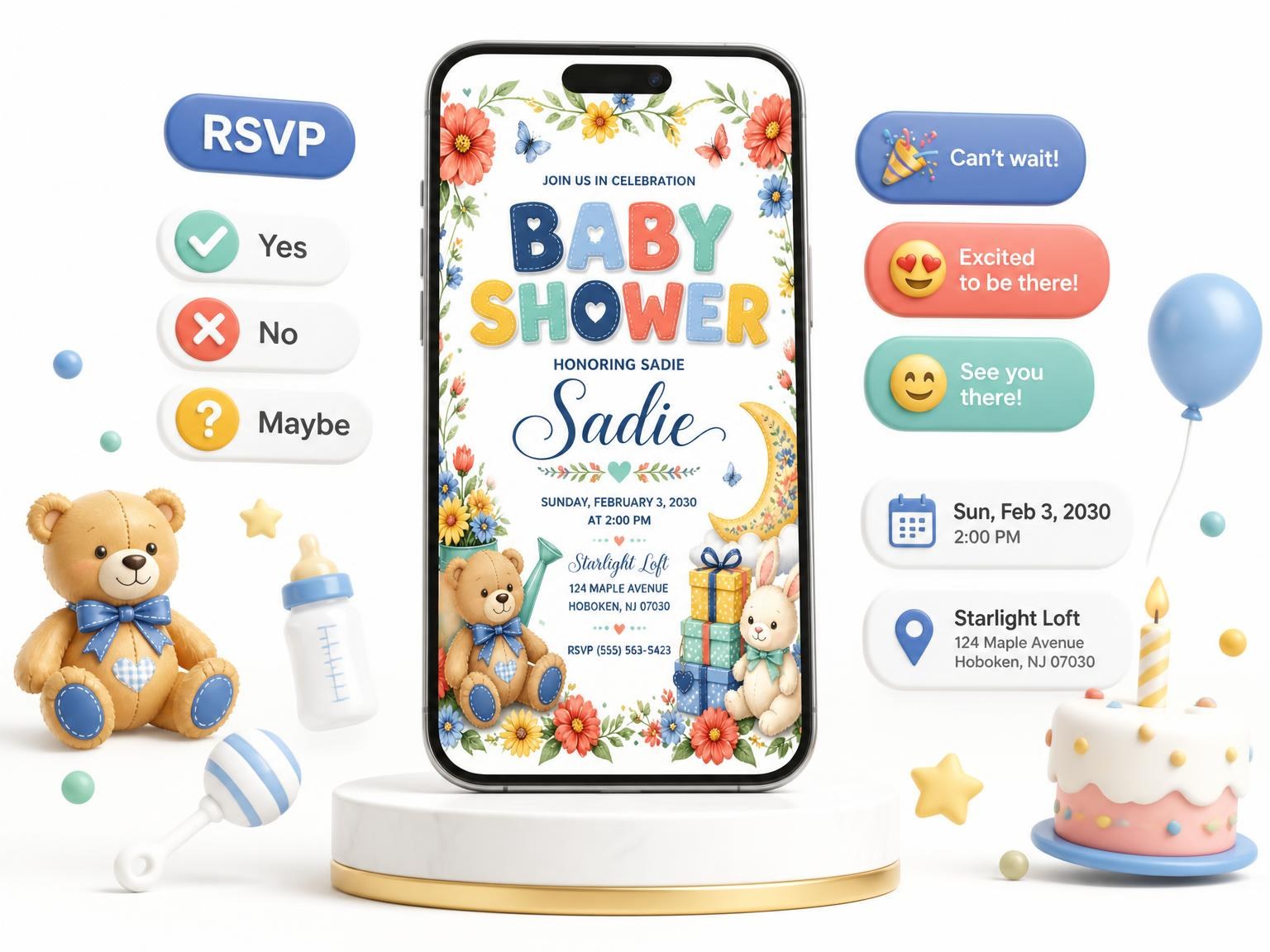 The Blue Floral Baby Shower Invitation invitation on a phone, with guest RSVPs arriving around it