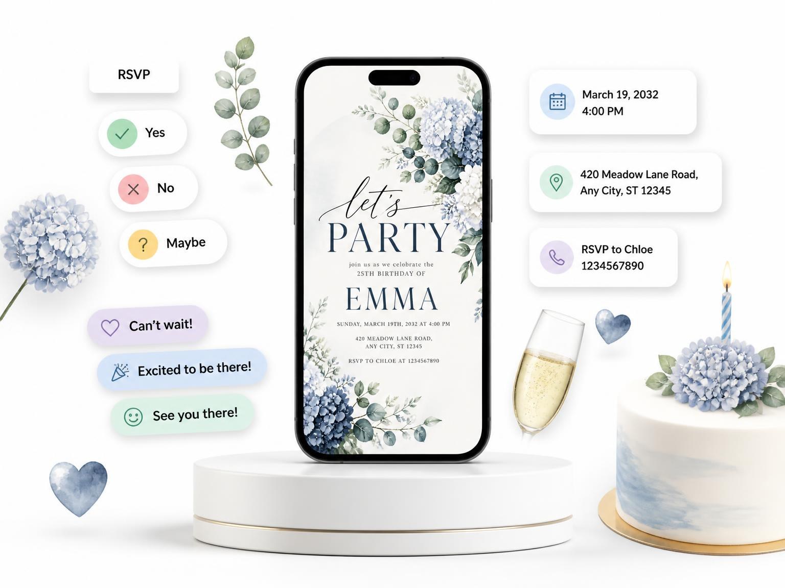 The Hydrangea Blossoms 25th Birthday Invitation invitation on a phone, with guest RSVPs arriving around it