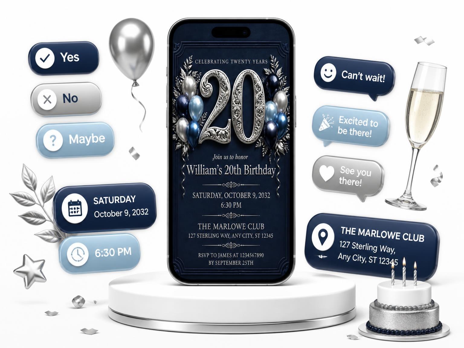 The Navy and Silver 20th Birthday Invitation invitation on a phone, with guest RSVPs arriving around it