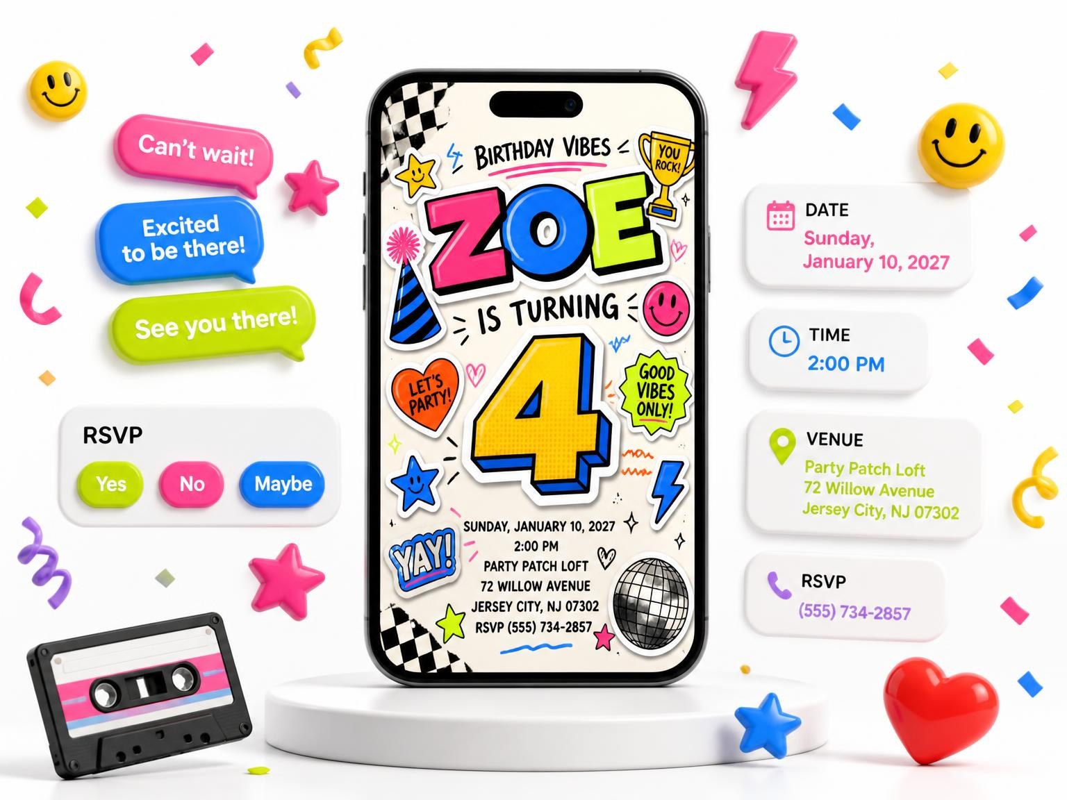 The Sticker Pop 4th Birthday Invitation invitation on a phone, with guest RSVPs arriving around it