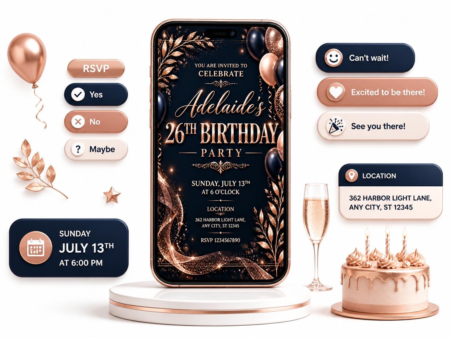 The Navy and Rose Gold 26th Birthday Invitation invitation on a phone, with guest RSVPs arriving around it
