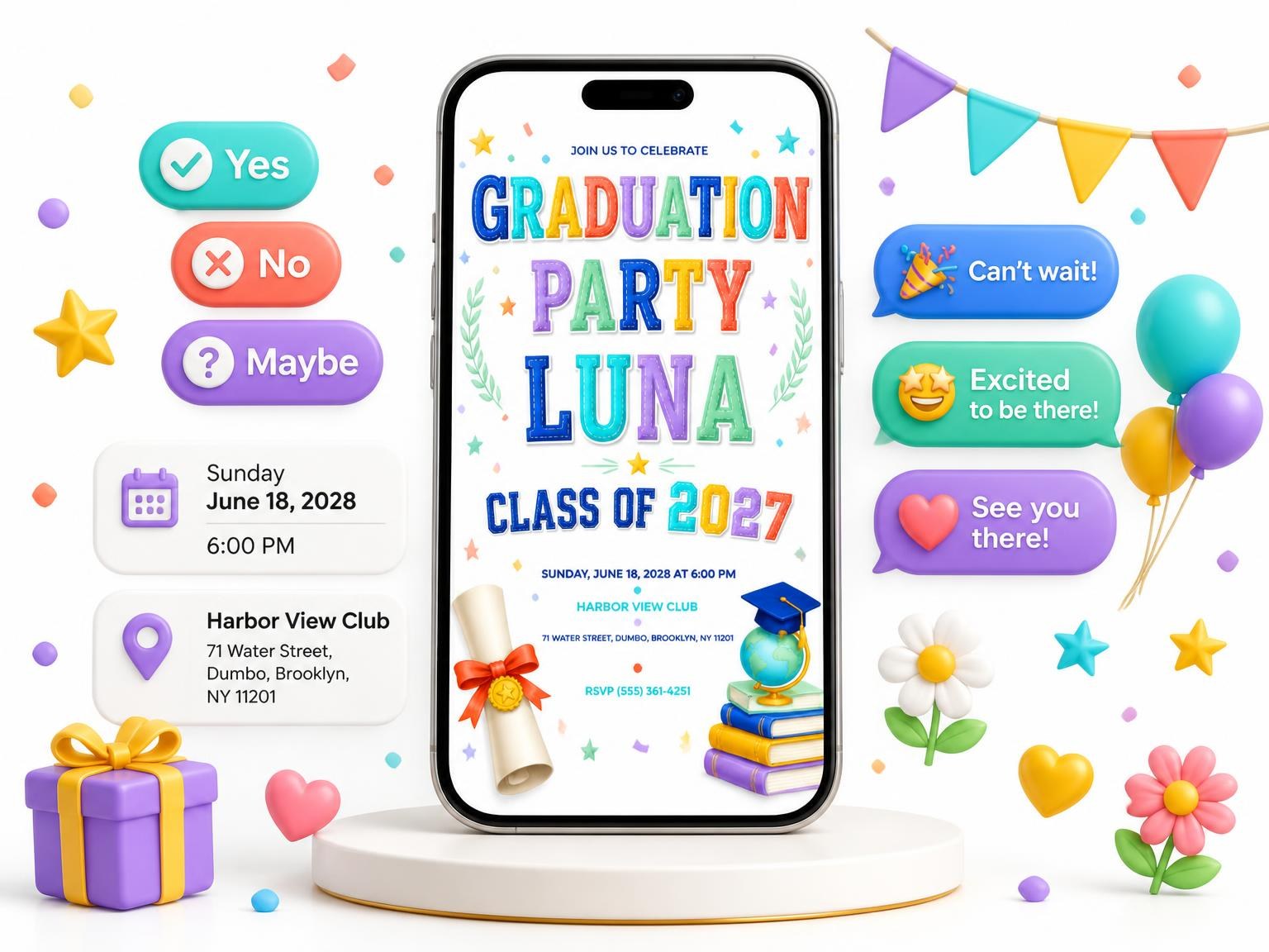 The Diploma Graduation Invitation invitation on a phone, with guest RSVPs arriving around it
