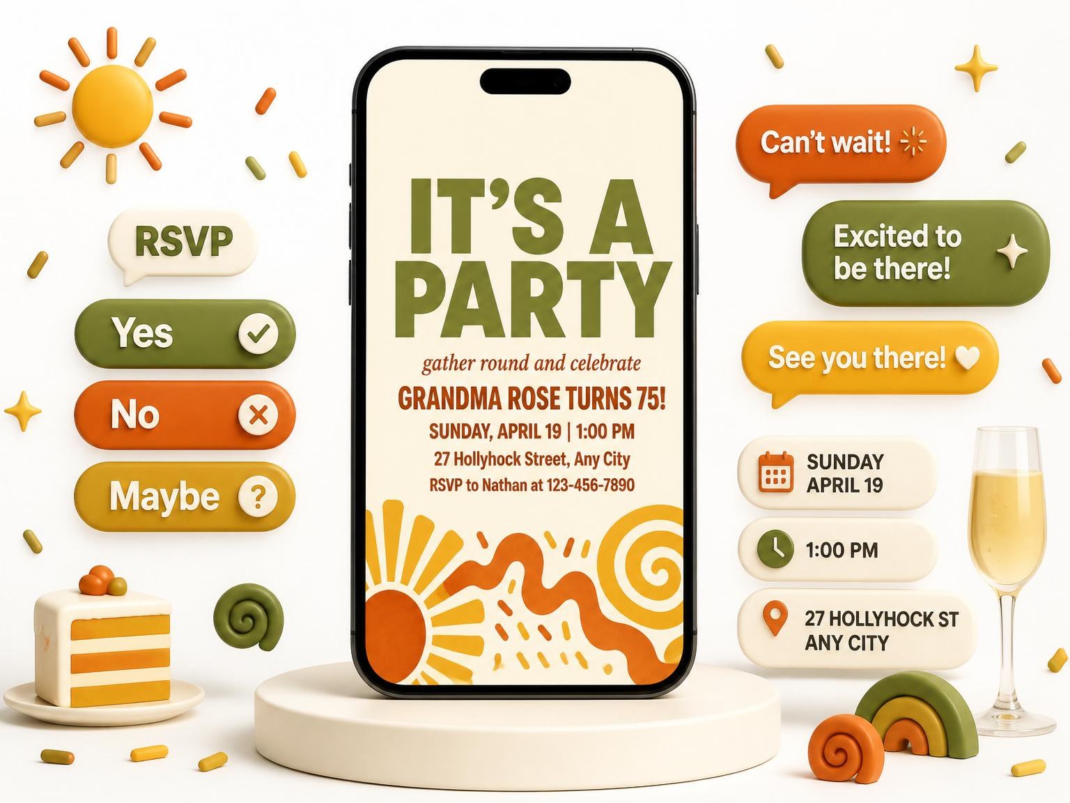 The Olive Mustard Sunburst 75th Birthday invitation on a phone, with guest RSVPs arriving around it