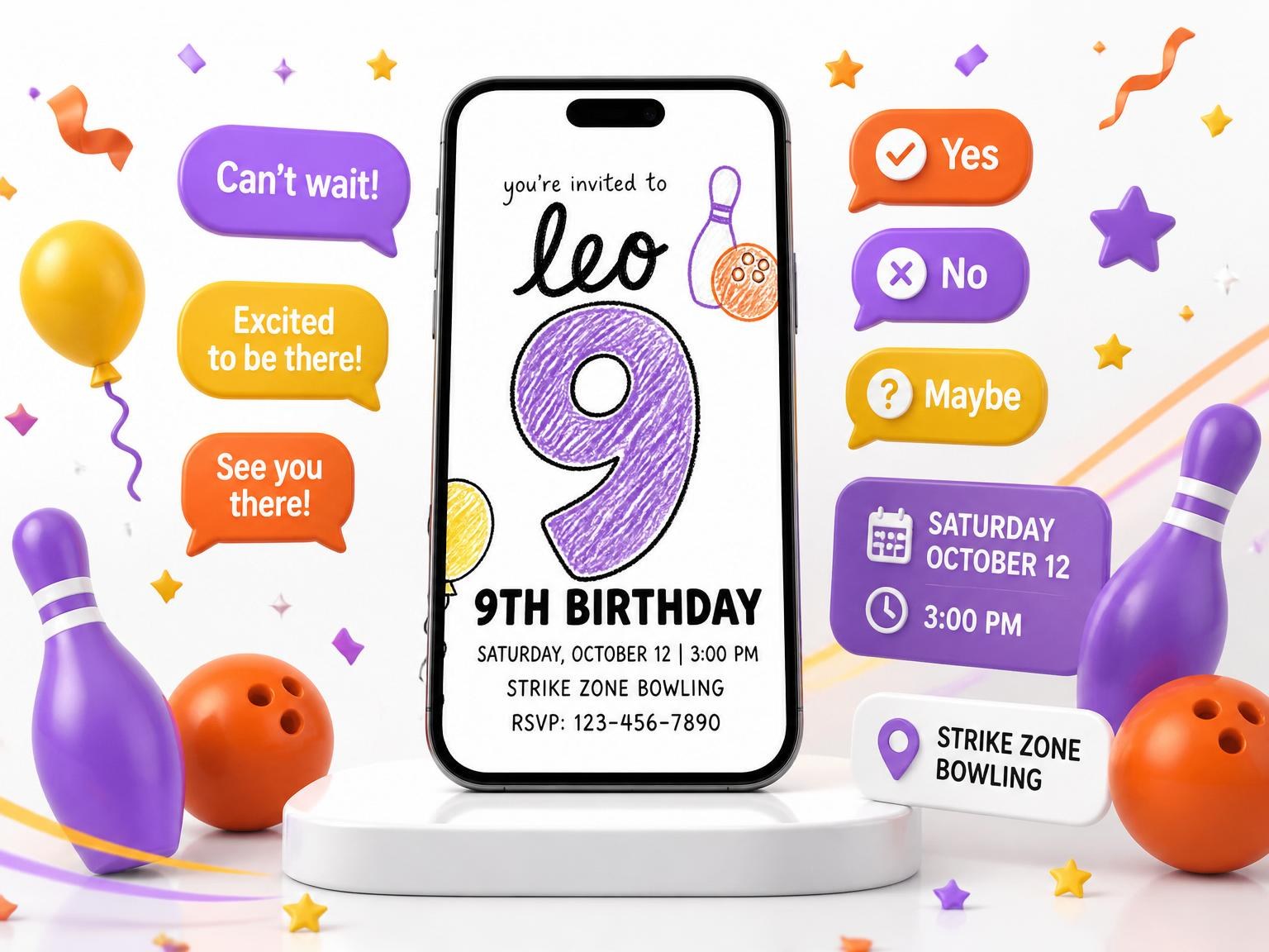 The Crayon Bowling Themed 9th Birthday Invitation invitation on a phone, with guest RSVPs arriving around it