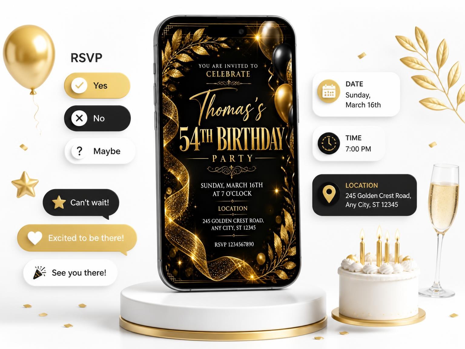 The Black and Gold 54th Birthday Invitation invitation on a phone, with guest RSVPs arriving around it