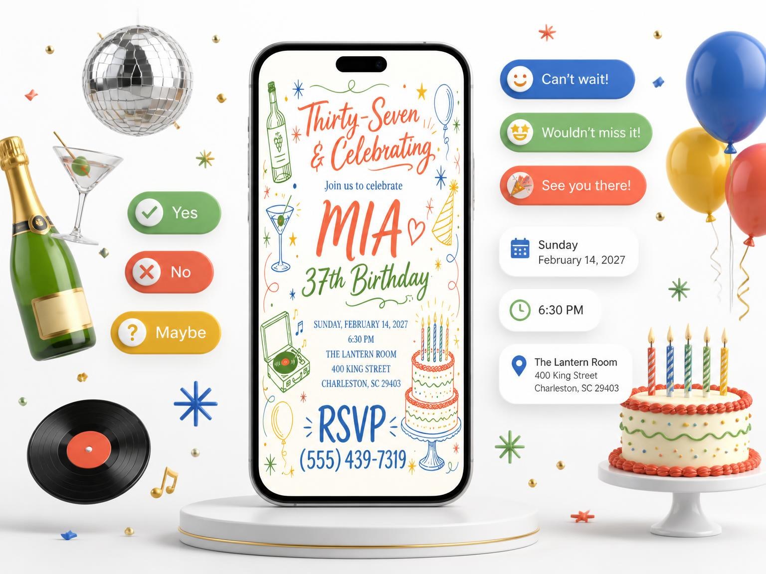 The Retro Doodle 37th Birthday Invitation invitation on a phone, with guest RSVPs arriving around it