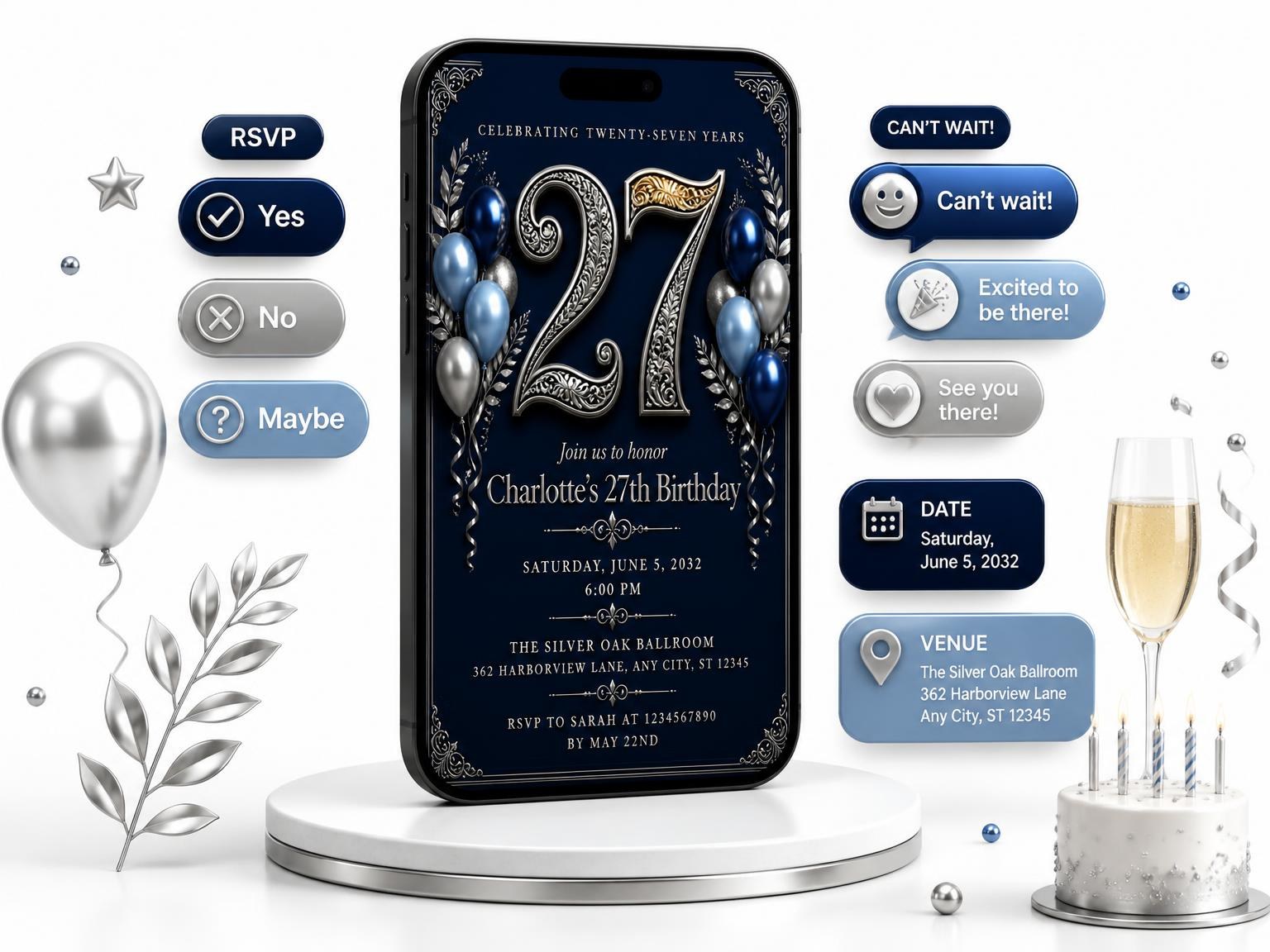 The Navy and Silver 27th Birthday Invitation invitation on a phone, with guest RSVPs arriving around it