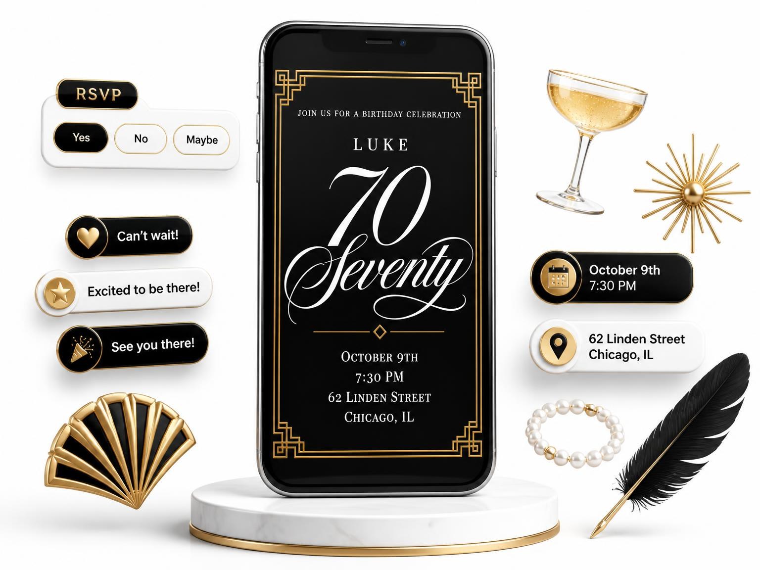 The Art Deco 70th Birthday Invitation invitation on a phone, with guest RSVPs arriving around it