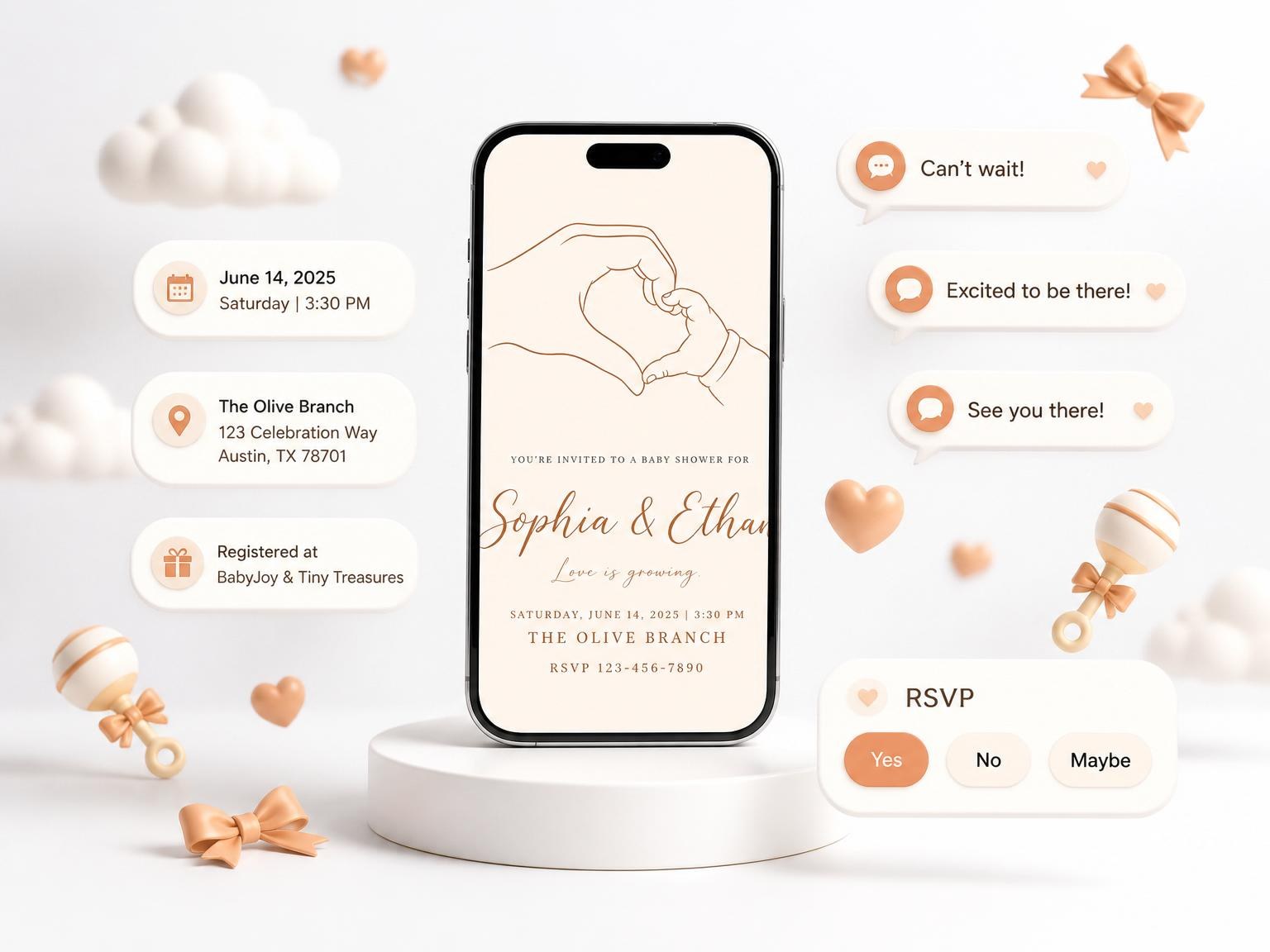 The Copper Line Art Heart Baby Shower invitation on a phone, with guest RSVPs arriving around it