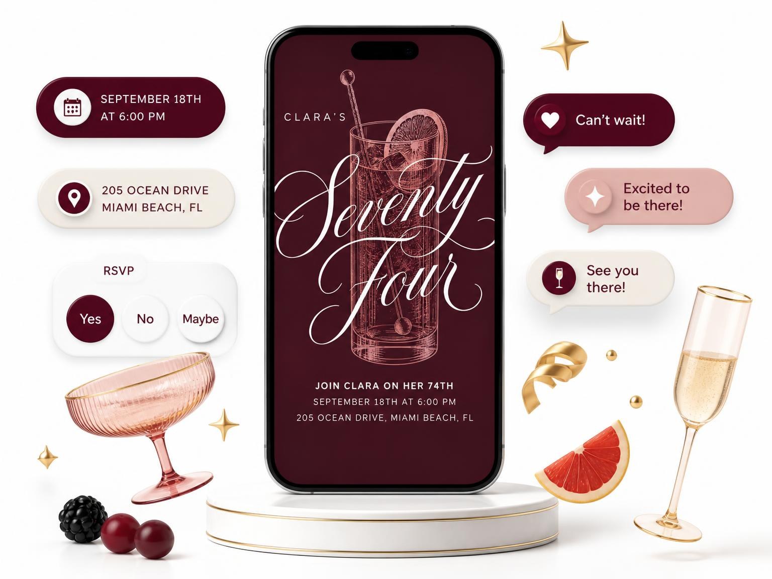 The Burgundy Cocktail 74th Birthday Invitation invitation on a phone, with guest RSVPs arriving around it