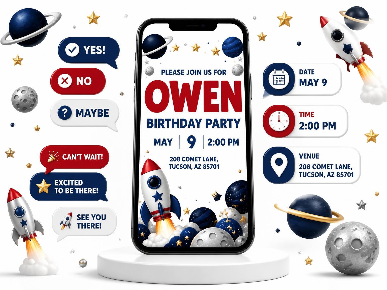 The Space Cartoon Astronaut Kids Birthday invitation on a phone, with guest RSVPs arriving around it