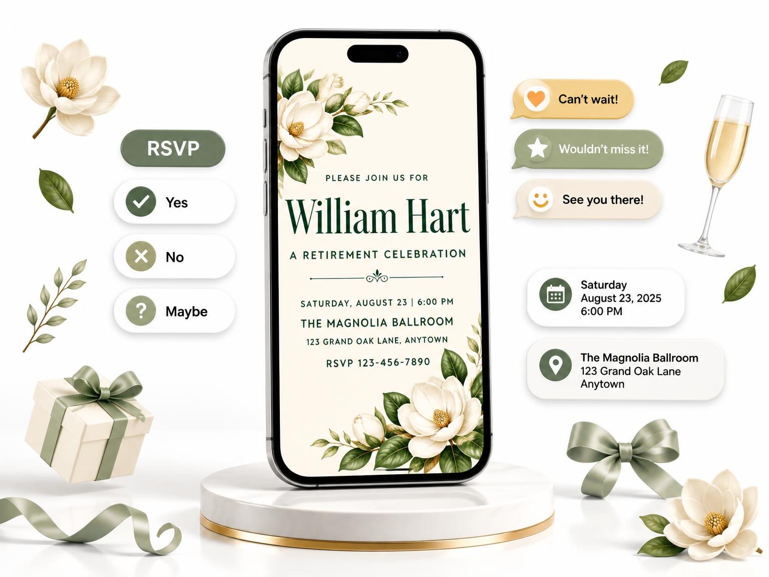 The Magnolia Retirement Celebration Invitation invitation on a phone, with guest RSVPs arriving around it