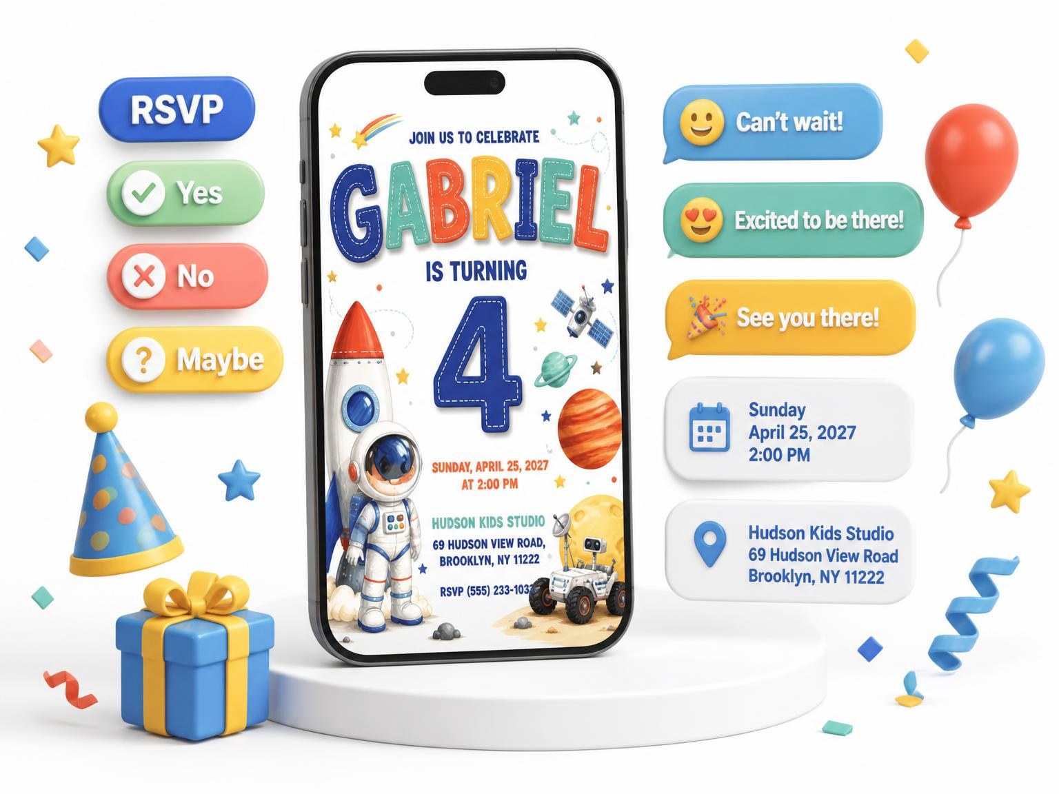 The Moon Crater Stitched 4th Birthday Invitation invitation on a phone, with guest RSVPs arriving around it