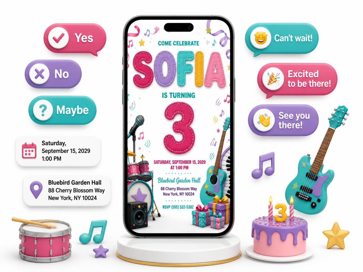 The Stitched Rock Star 3rd Birthday Invitation invitation on a phone, with guest RSVPs arriving around it