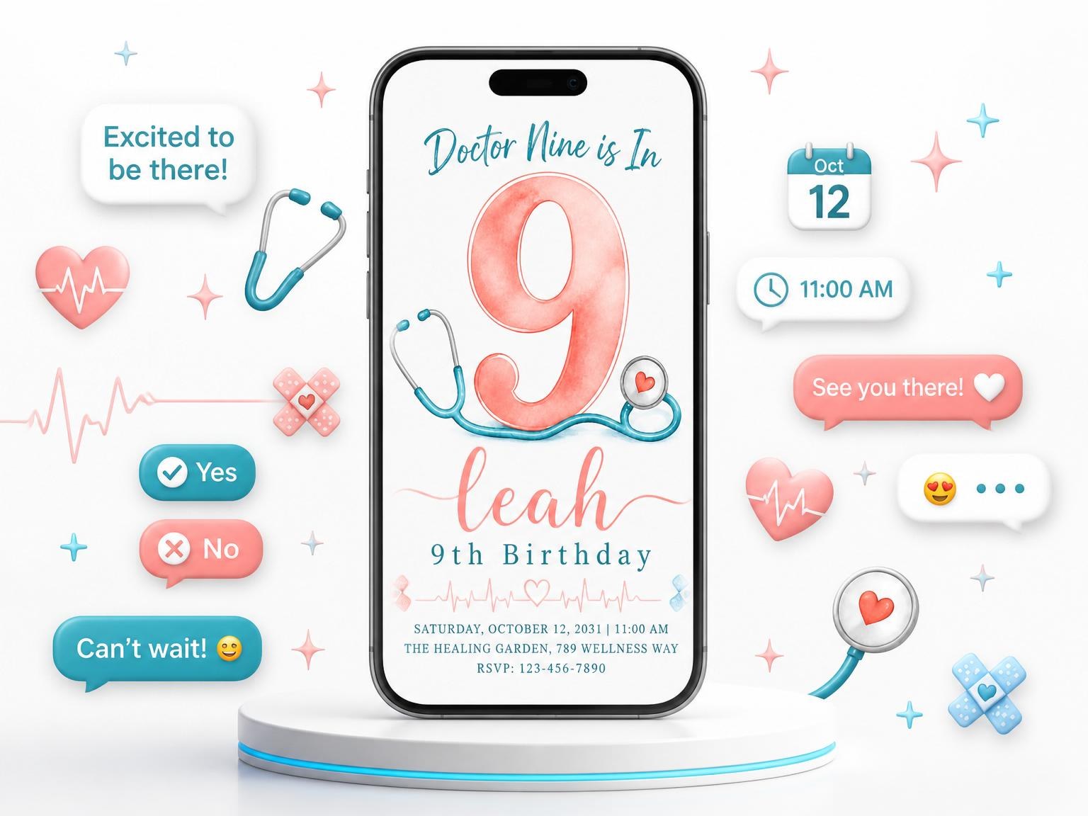 The Watercolor Medical Motif 9th Birthday invitation on a phone, with guest RSVPs arriving around it