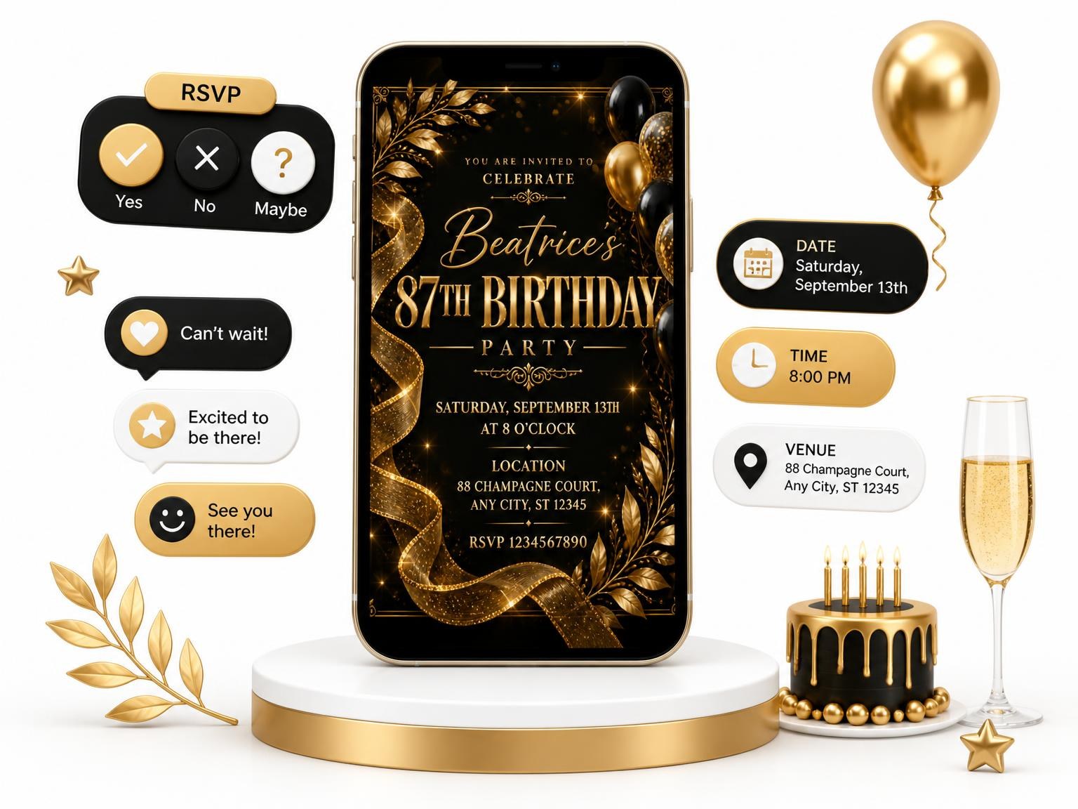 The Black and Gold 87th Birthday Invitation invitation on a phone, with guest RSVPs arriving around it