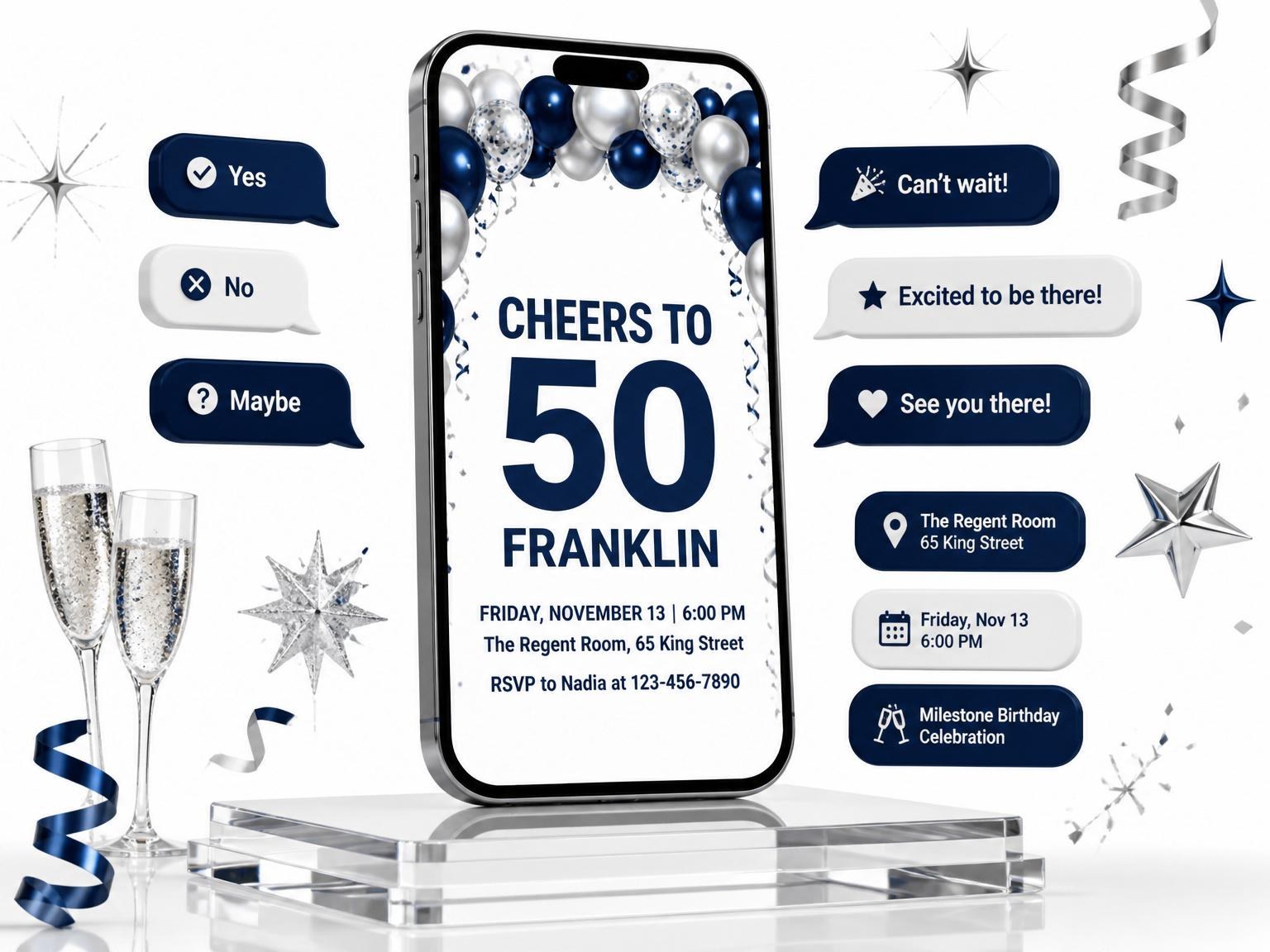 The Navy and Silver Balloon 50th Birthday invitation on a phone, with guest RSVPs arriving around it
