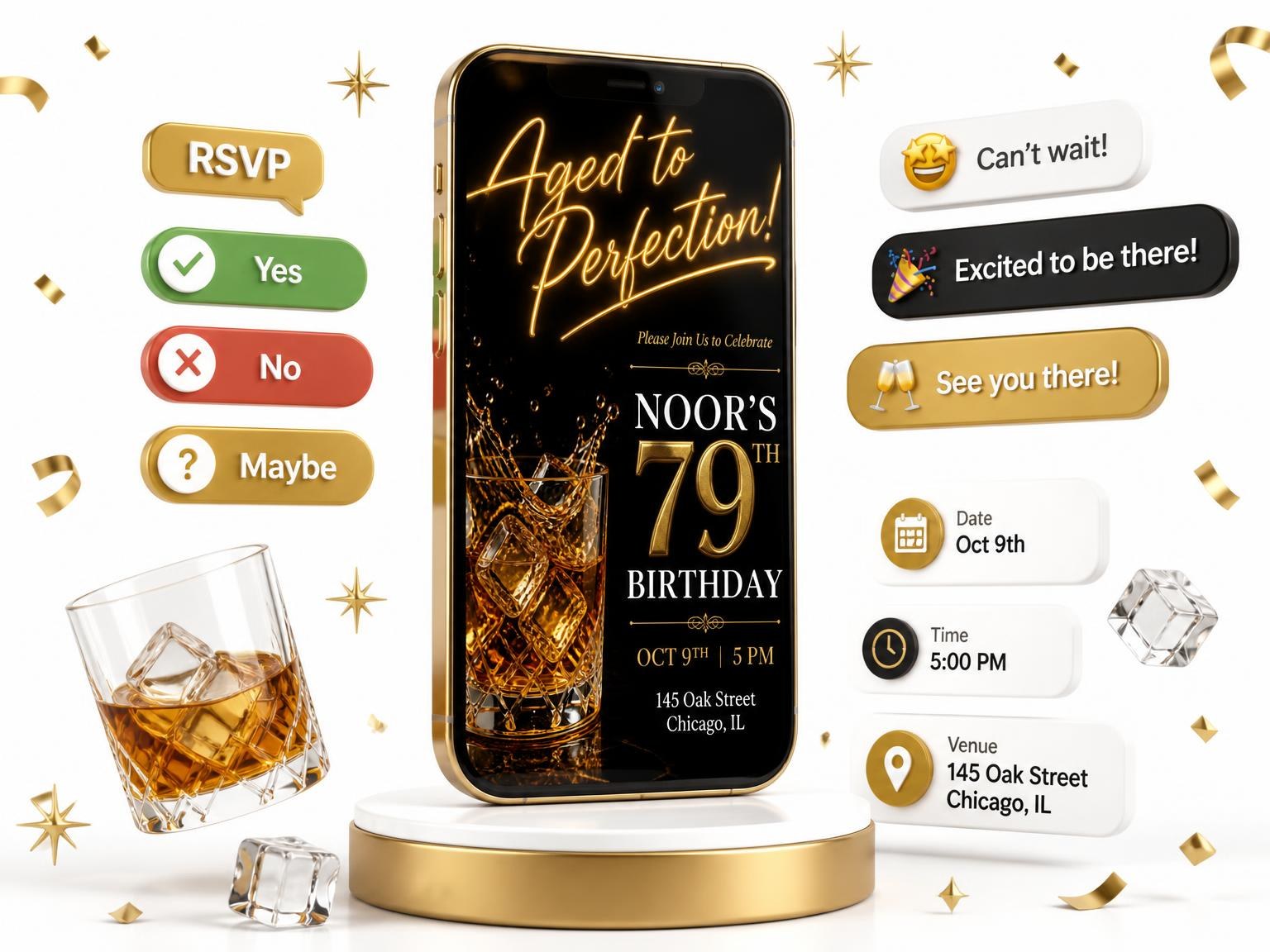 The Whiskey Glass 79th Birthday Invitation invitation on a phone, with guest RSVPs arriving around it