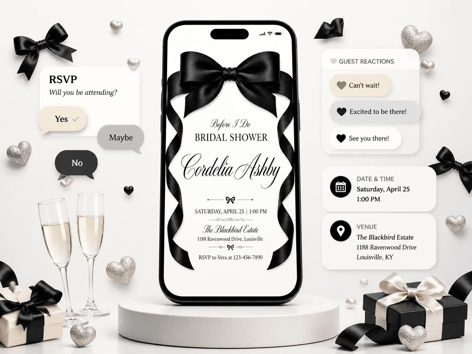 The Black Satin Bow Bridal Shower invitation on a phone, with guest RSVPs arriving around it