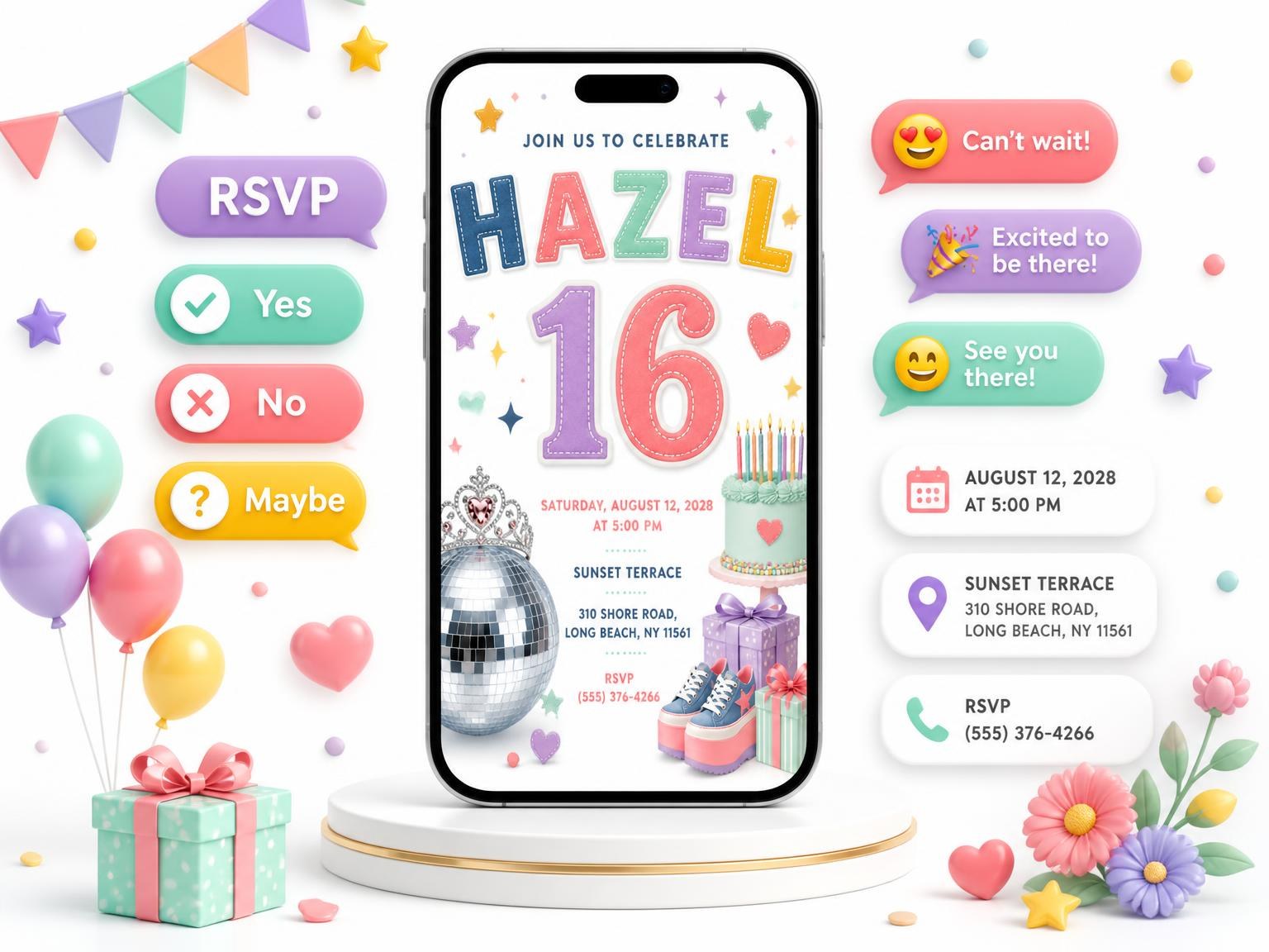 The Disco Ball Sneakers Sweet Sixteen Invitation invitation on a phone, with guest RSVPs arriving around it