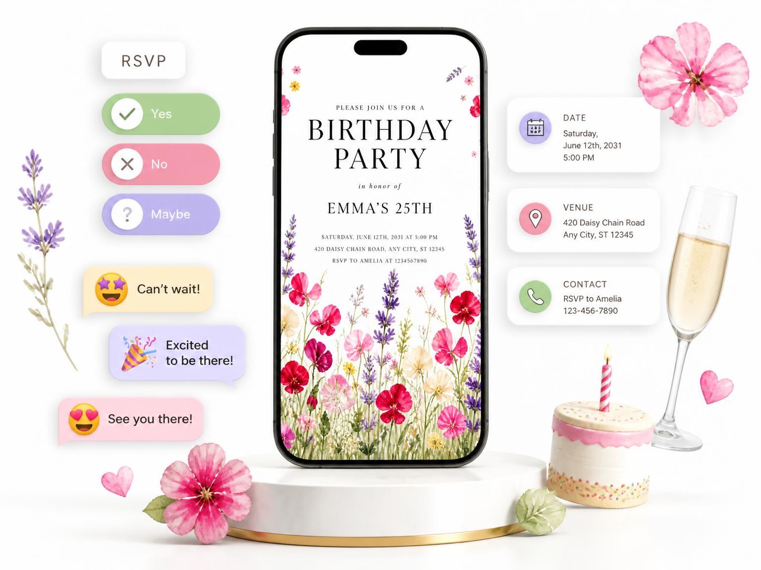 The Flower Sprigs Scarlet 25th Birthday Invitation invitation on a phone, with guest RSVPs arriving around it