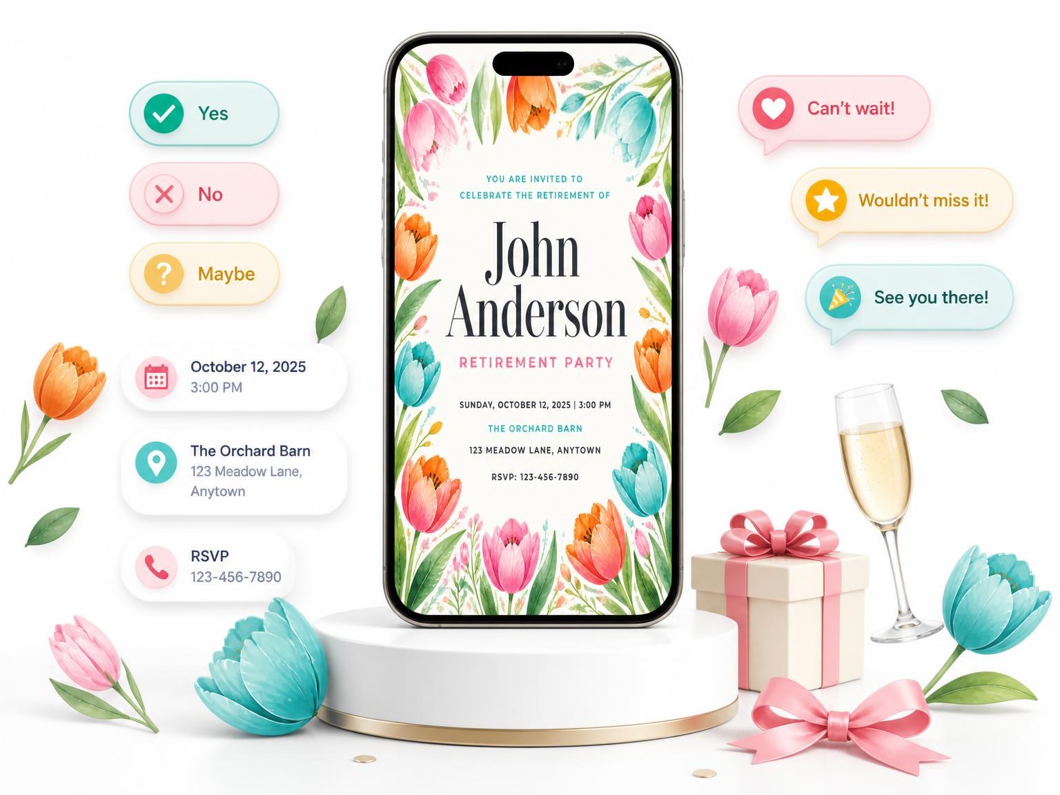 The Tulip Retirement Party Invitation invitation on a phone, with guest RSVPs arriving around it