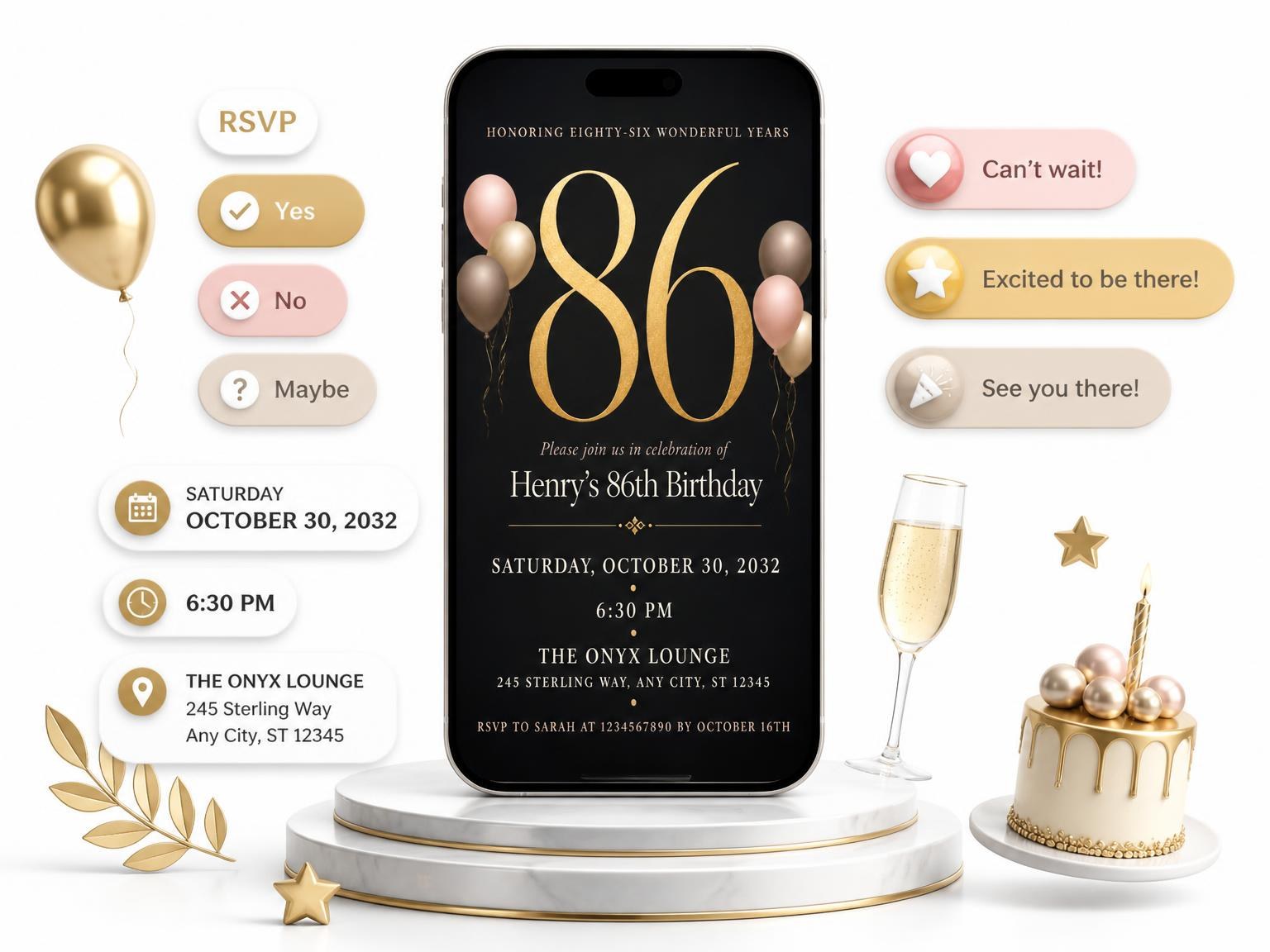 The Charcoal and Blush 86th Birthday Invitation invitation on a phone, with guest RSVPs arriving around it