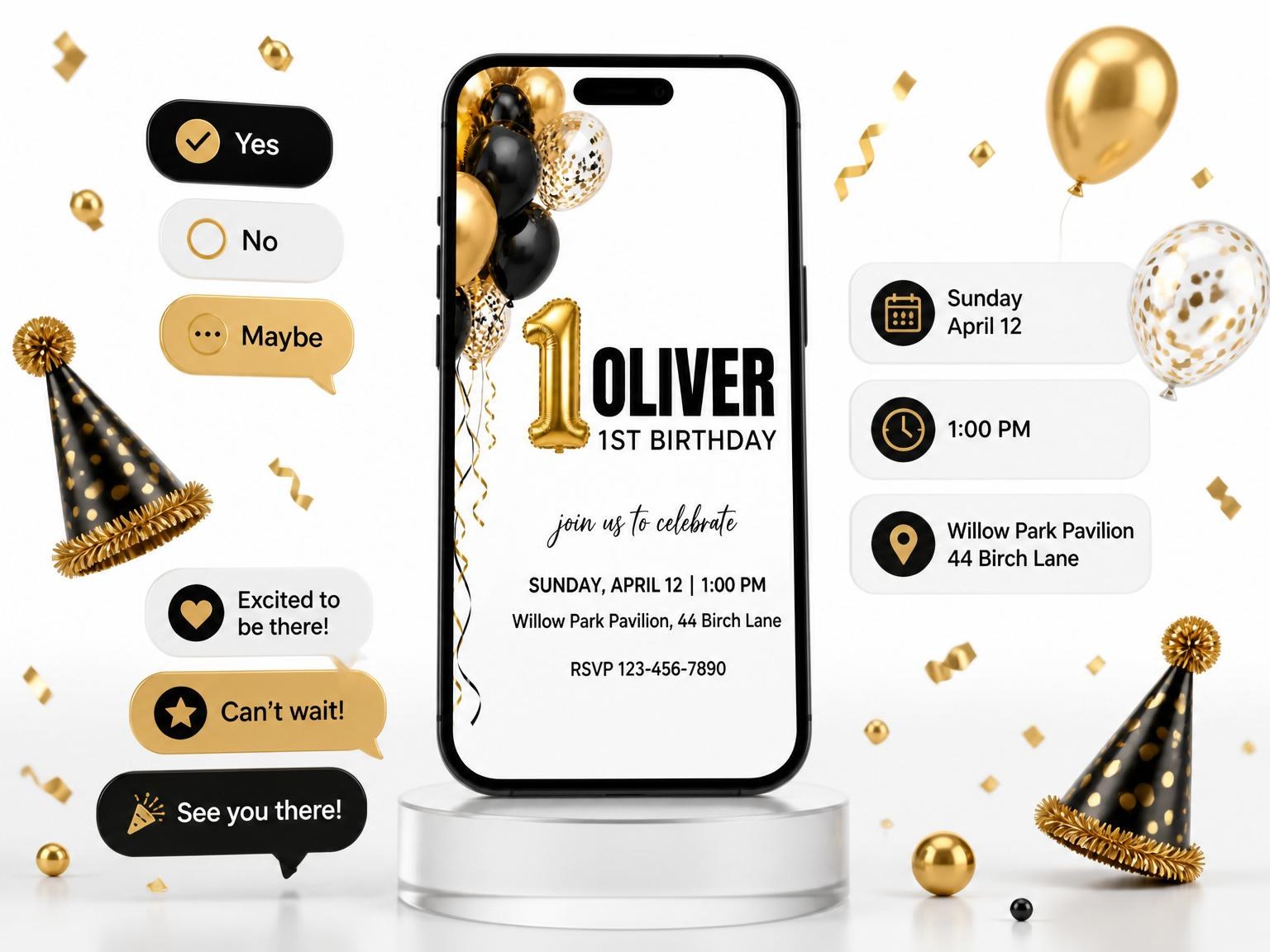 The Gold and Black Balloon 1st Birthday invitation on a phone, with guest RSVPs arriving around it