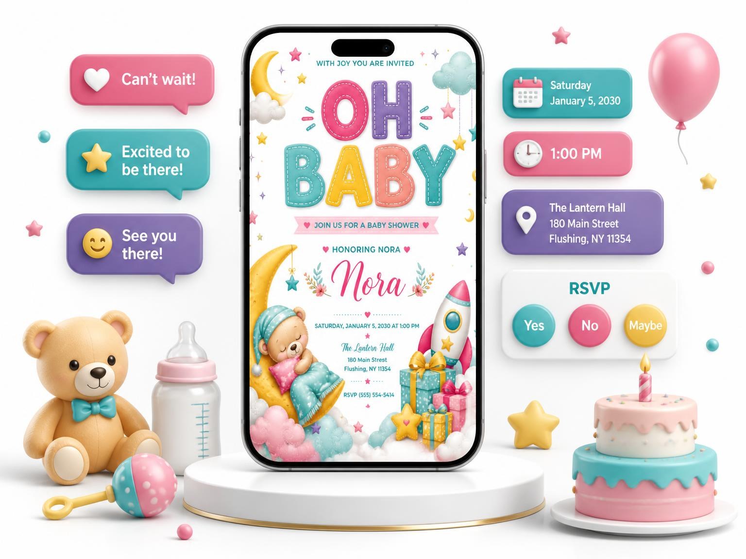 The Pink Moon and Stars Baby Shower Invitation invitation on a phone, with guest RSVPs arriving around it
