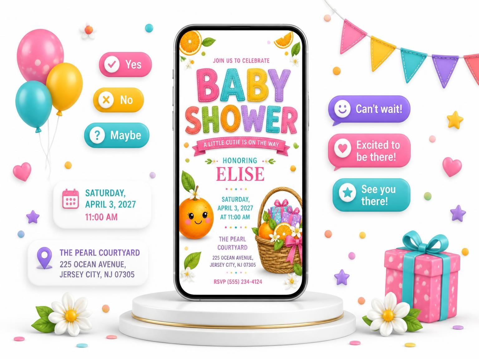 The Orange Baby Shower Invitation invitation on a phone, with guest RSVPs arriving around it