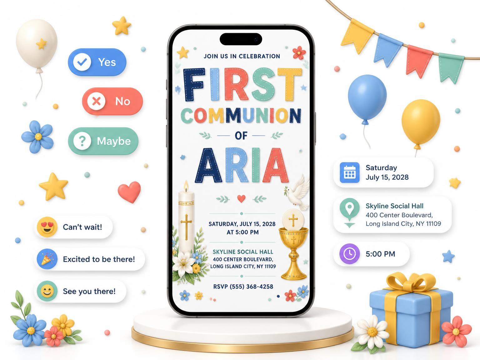 The Paschal Candle First Communion Invitation invitation on a phone, with guest RSVPs arriving around it