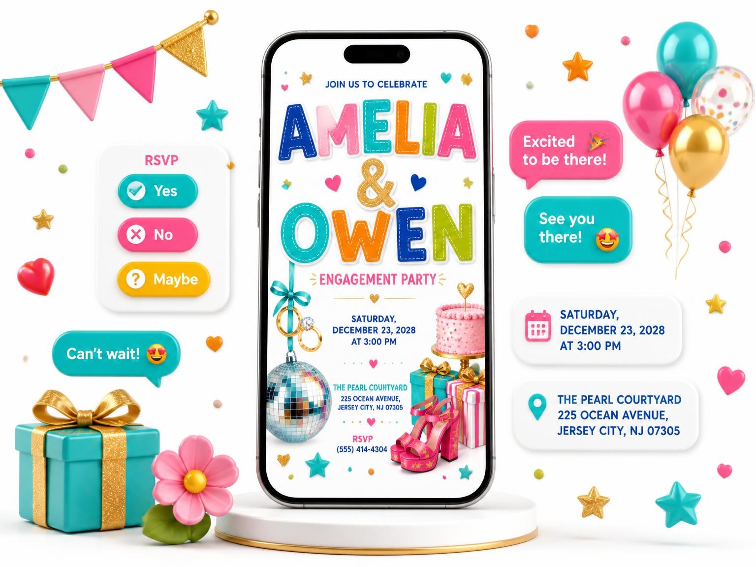 The Disco Ball Engagement Party Invitation invitation on a phone, with guest RSVPs arriving around it