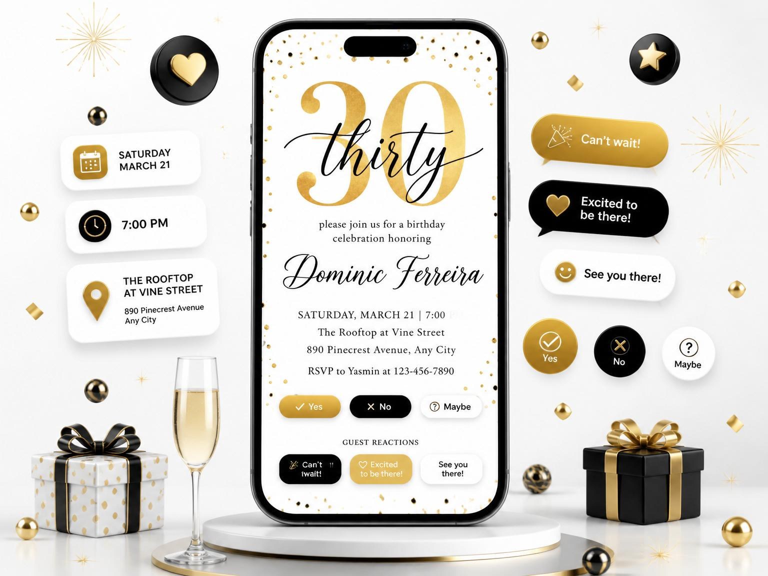 The Gold Confetti Modern 30th Birthday invitation on a phone, with guest RSVPs arriving around it
