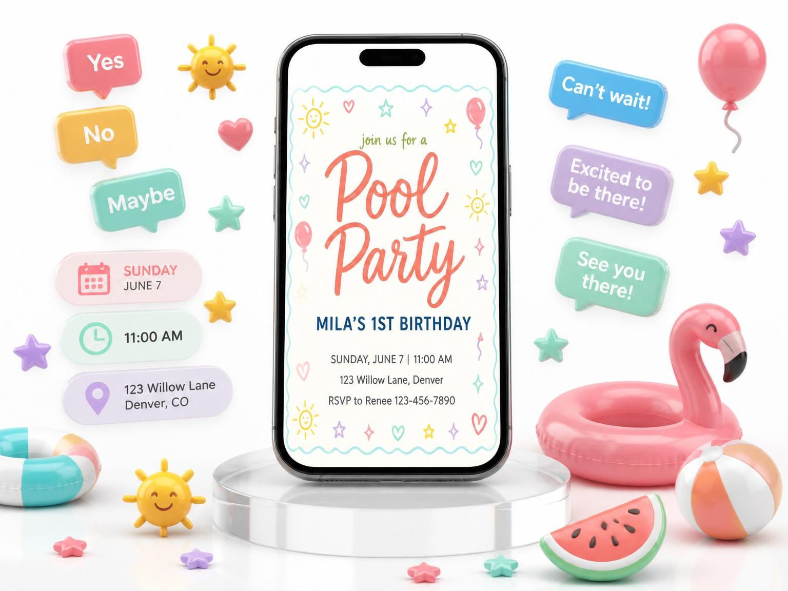 The Pastel Doodle Pool Party 1st Birthday invitation on a phone, with guest RSVPs arriving around it