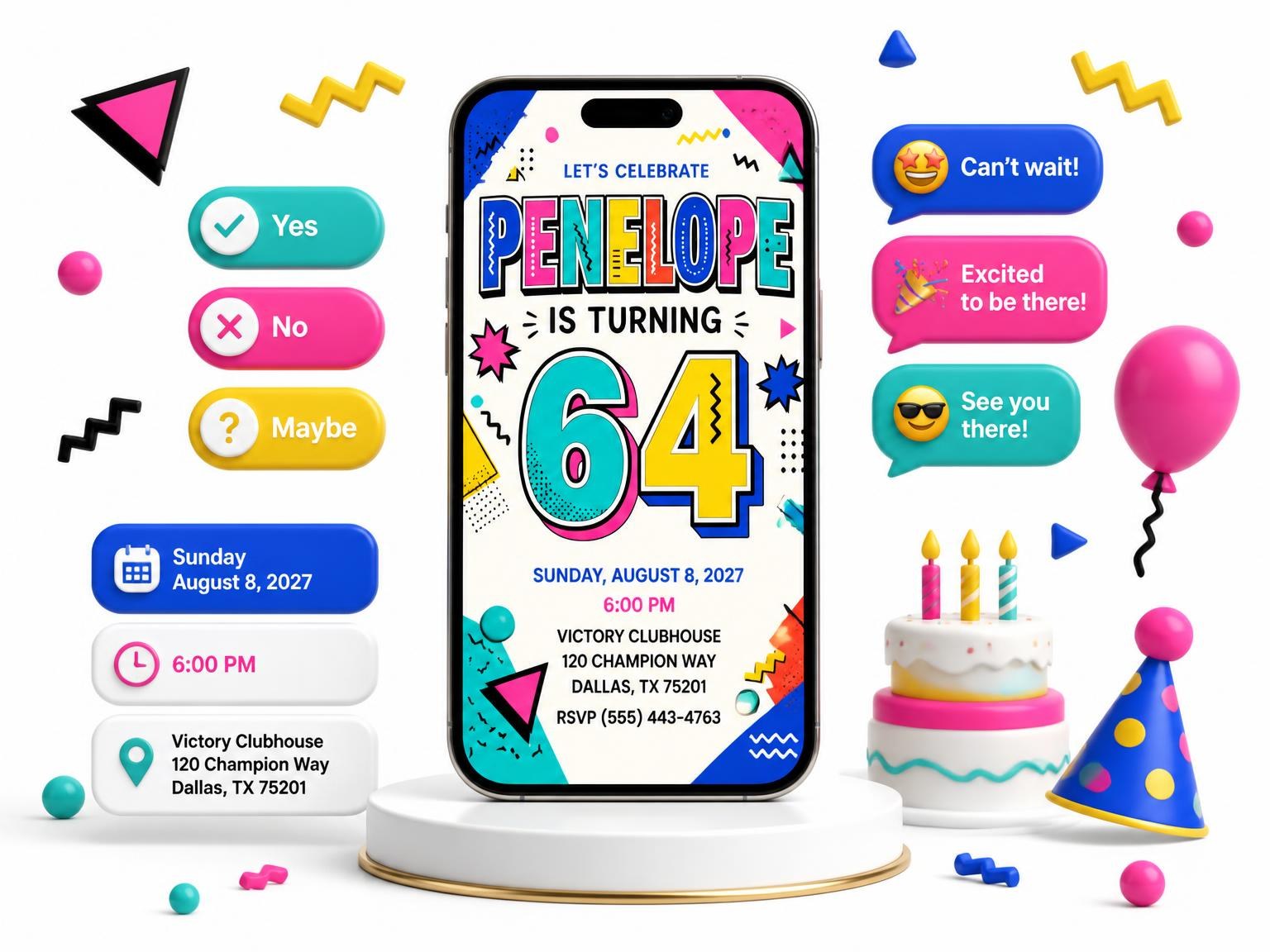 The Memphis Pop 64th Birthday Invitation invitation on a phone, with guest RSVPs arriving around it